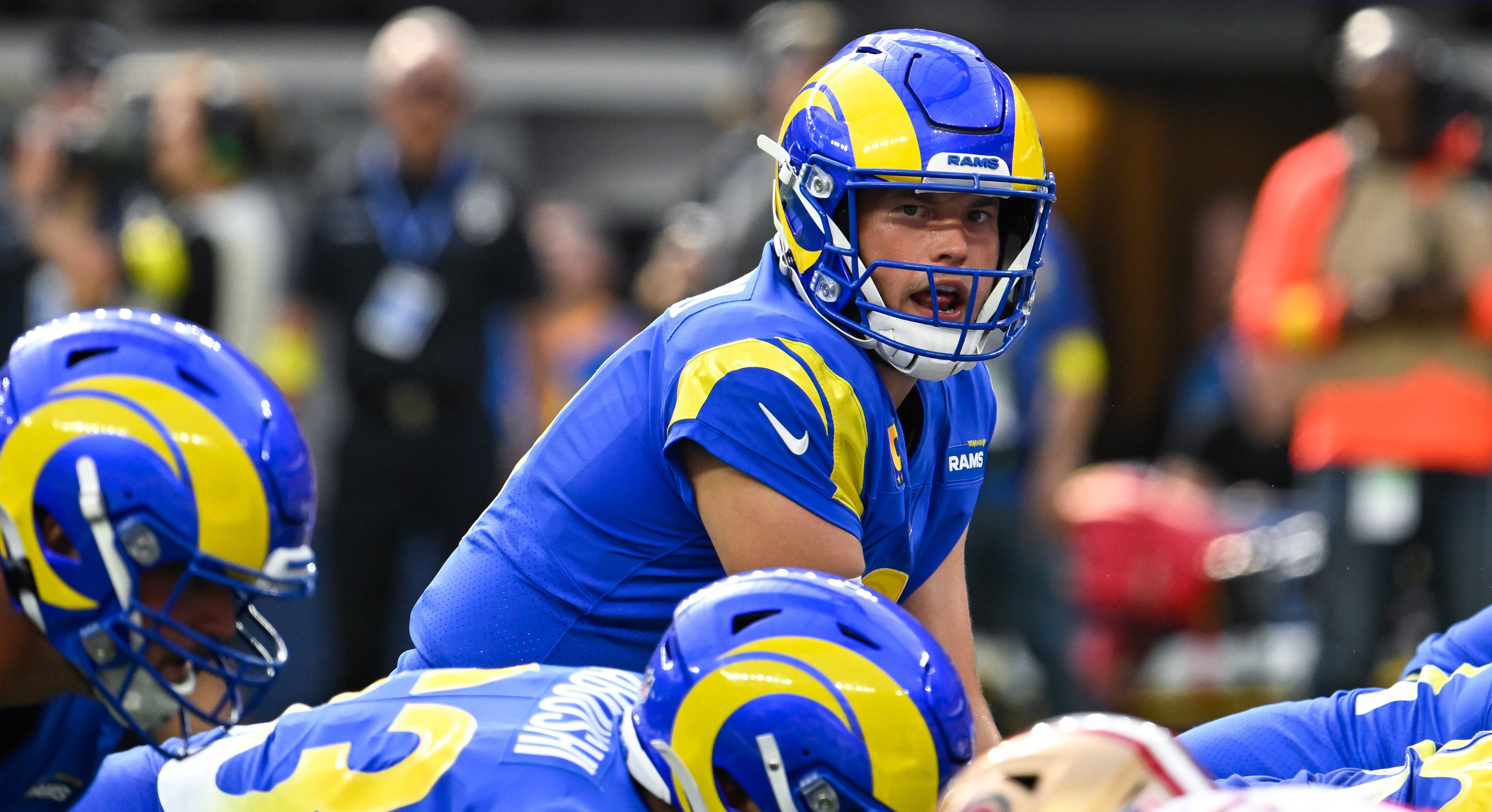 Oct 30, 2022; Inglewood, California, USA; Los Angeles Rams quarterback Matthew Stafford (9) at the line of scrimmage during the second quarter against the San Francisco 49ers at SoFi Stadium. Mandatory Credit: Robert Hanashiro-USA TODAY Sports