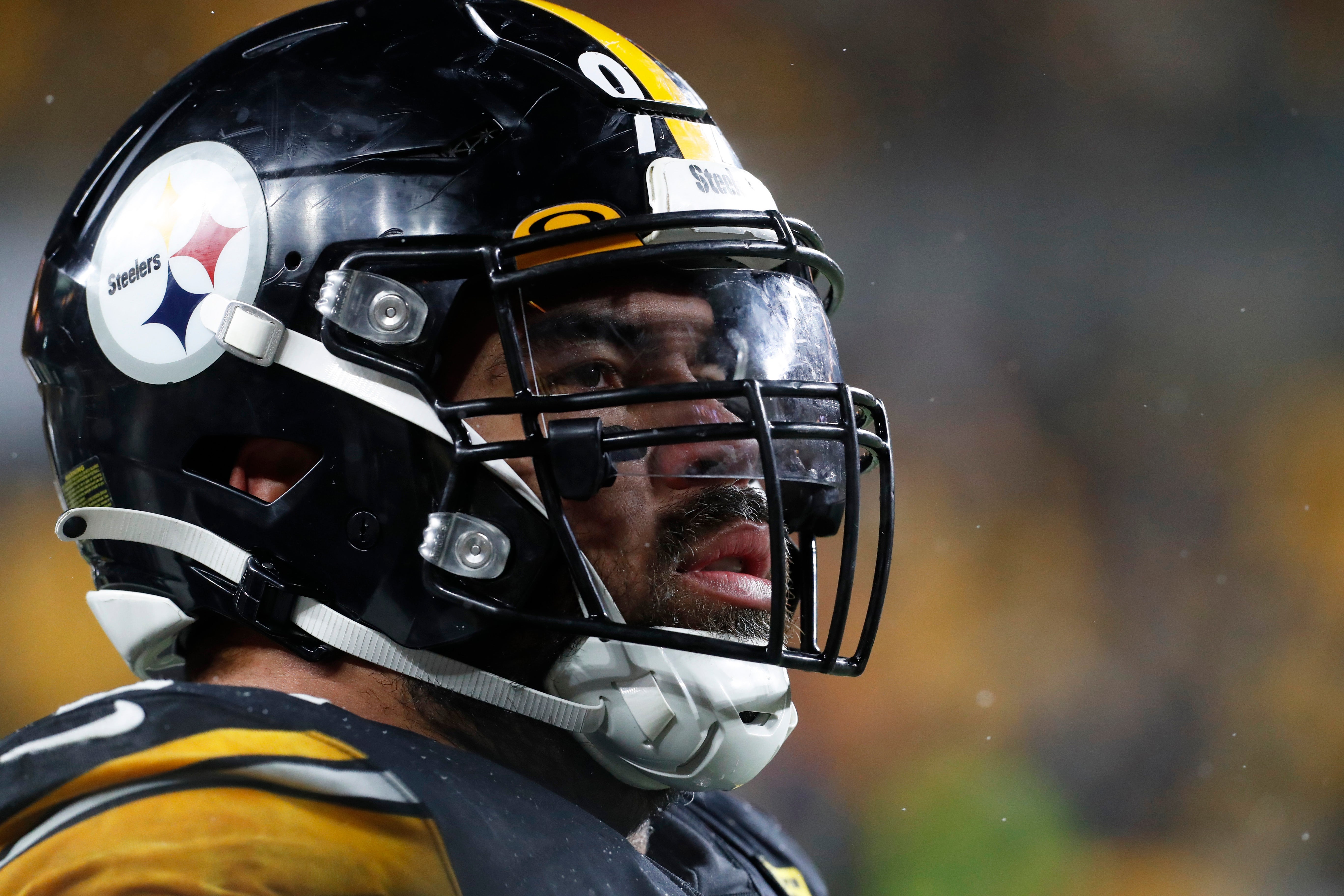 Dec 24, 2022; Pittsburgh, Pennsylvania, USA; Pittsburgh Steelers defensive tackle Cameron Heyward (97) looks on from the sidelines against the Las Vegas Raiders during the fourth quarter at Acrisure Stadium. The Steelers won 13-10. Mandatory Credit: Charles LeClaire-USA TODAY Sports
