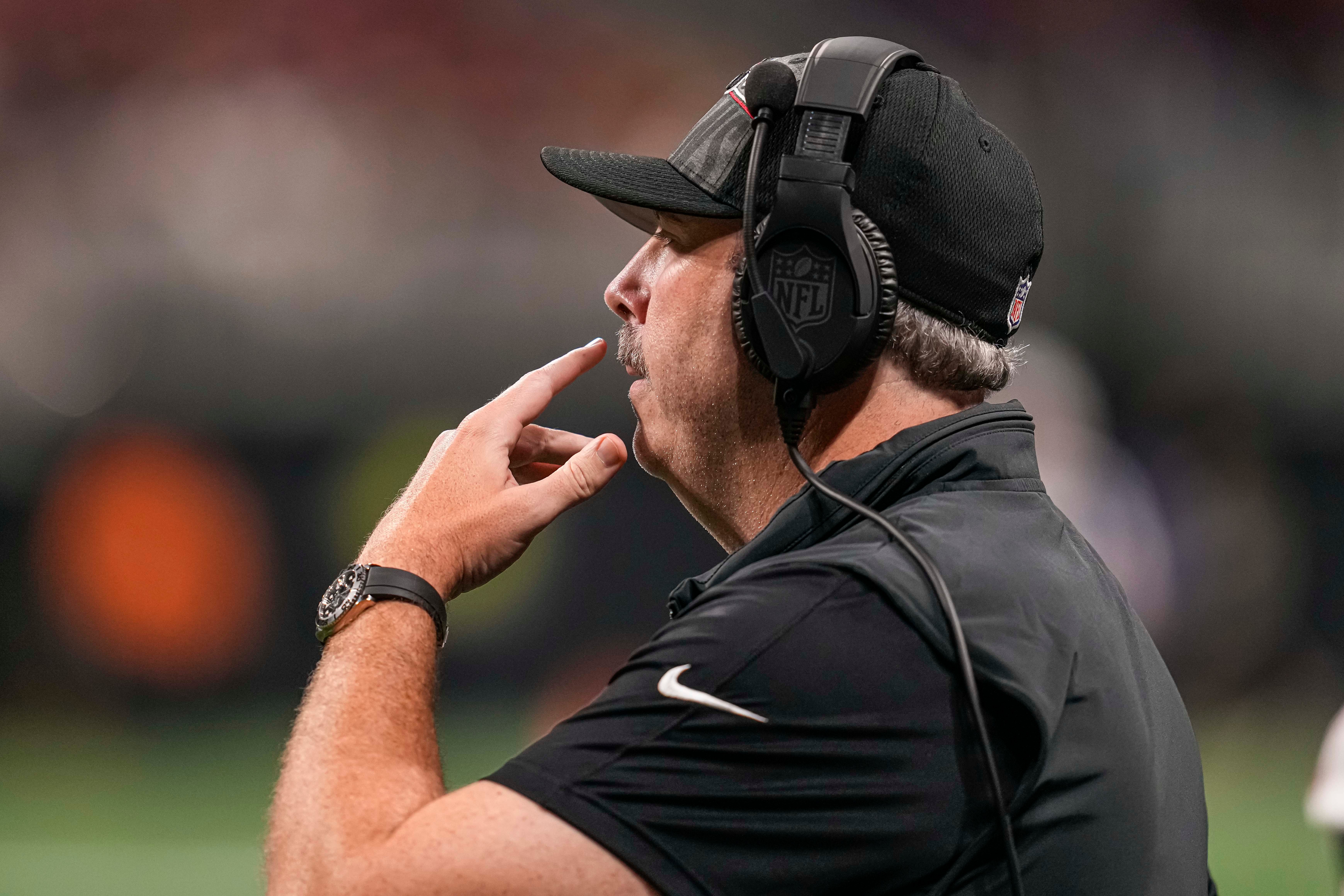 Aug 24, 2023; Atlanta, Georgia, USA; Atlanta Falcons head coach Arthur Smith on the sidelines during the game against the Pittsburgh Steelers during the second half at Mercedes-Benz Stadium. Mandatory Credit: Dale Zanine-USA TODAY Sports