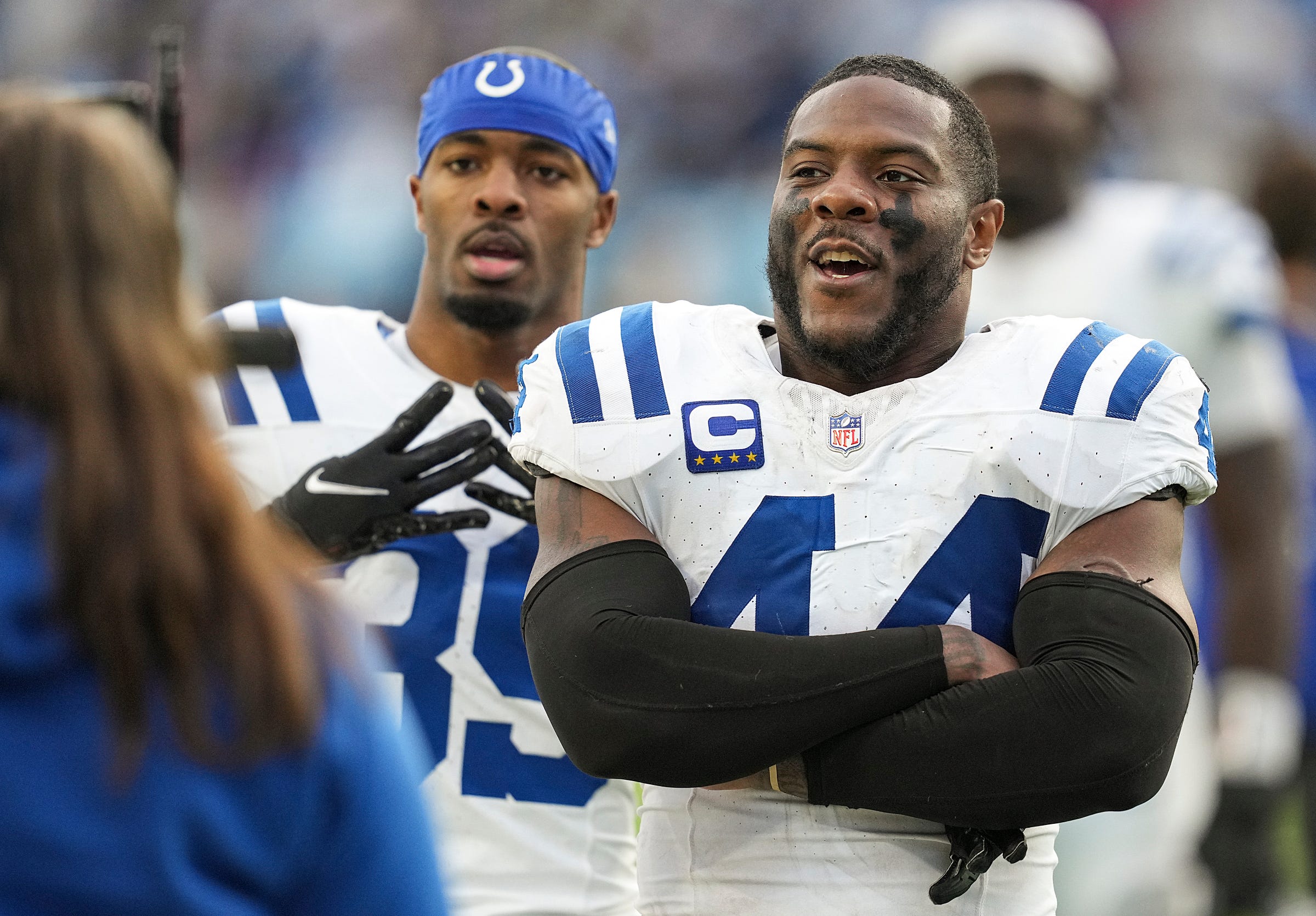 Indianapolis Colts linebacker Zaire Franklin (44) celebrates after defeating the Tennessee Titans, 31-28, in overtime Sunday, Dec. 3, 2023, at Nissan Stadium in Nashville, Tenn.