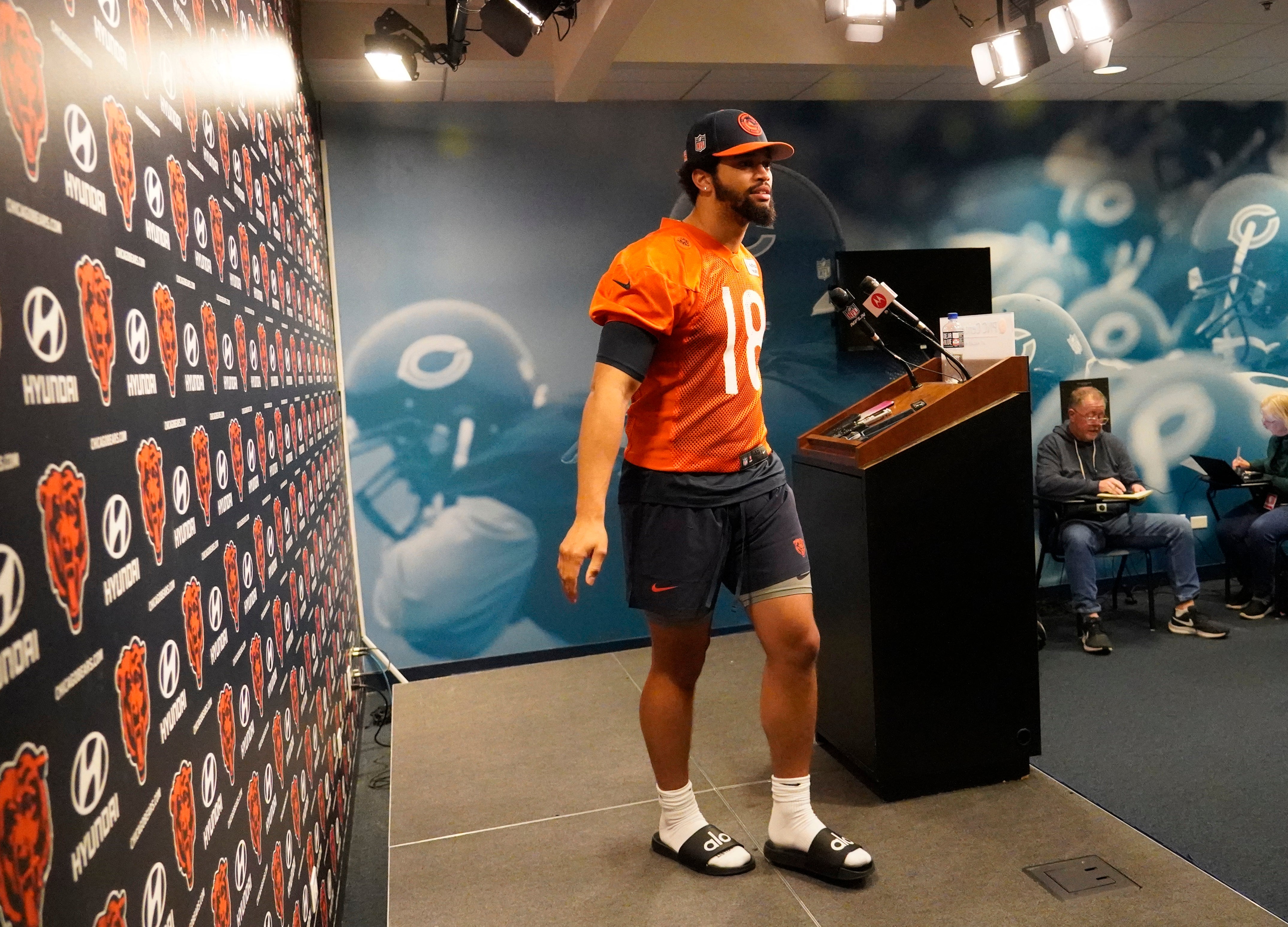 May 10, 2024; Lake Forest, IL, USA; Chicago Bears quarterback Caleb Williams during a press conference before Chicago Bears rookie minicamp at Halas Hall.