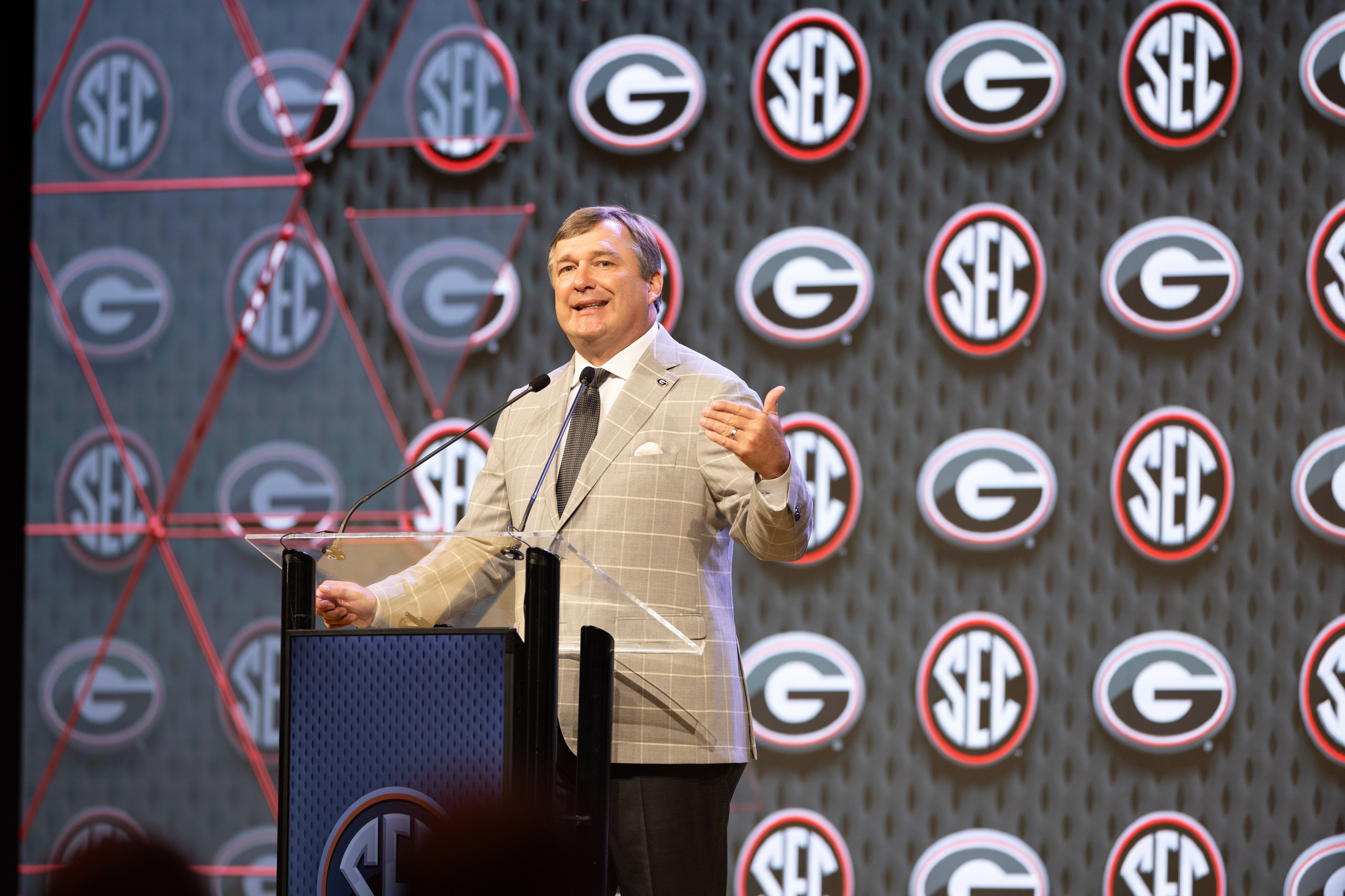Jul 16, 2024; Dallas, TX, USA; Georgia head coach Kirby Smart speaking at Omni Dallas Hotel.