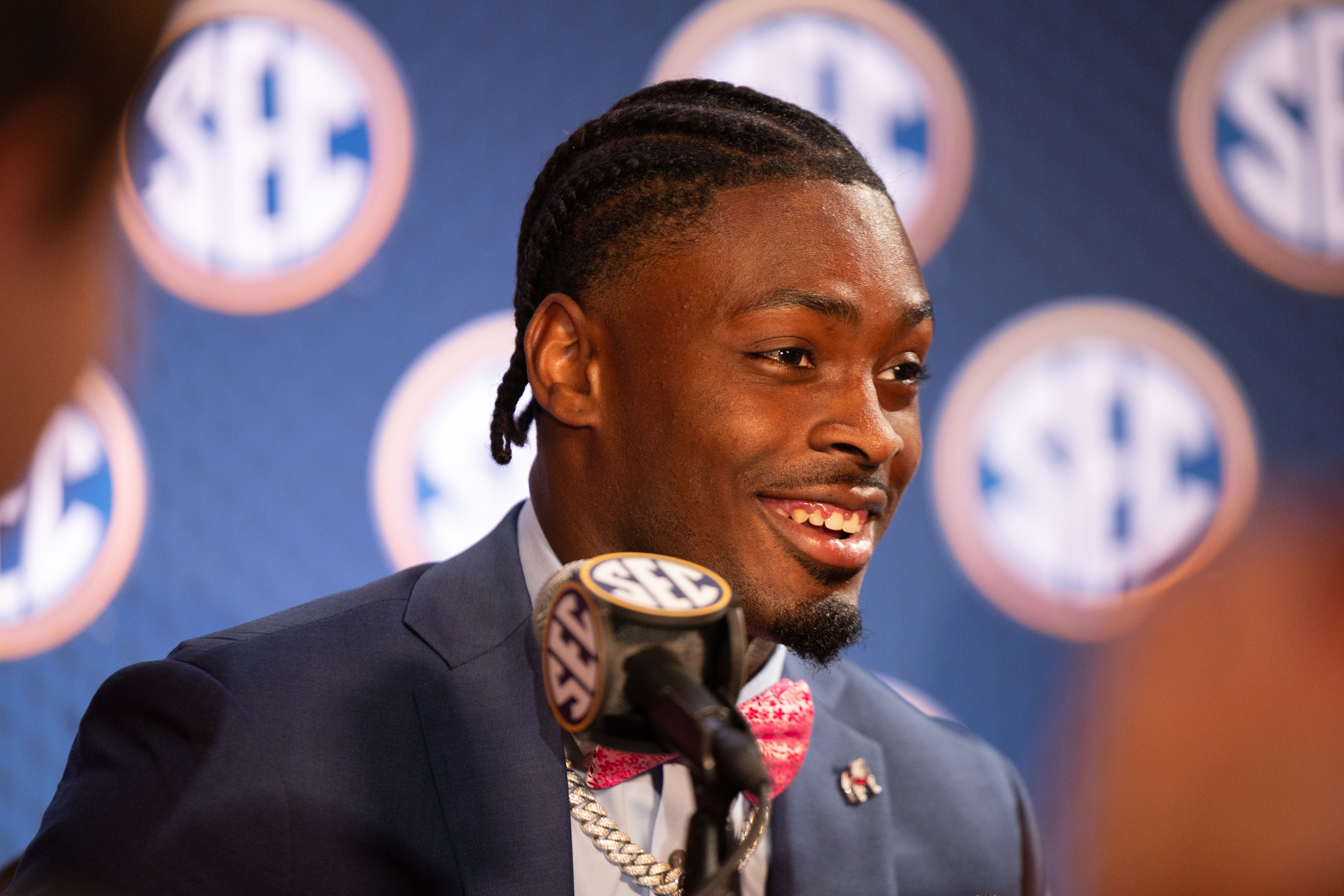 Jul 16, 2024; Dallas, TX, USA; Georgia safety Malaki Starks speaking at Omni Dallas Hotel.