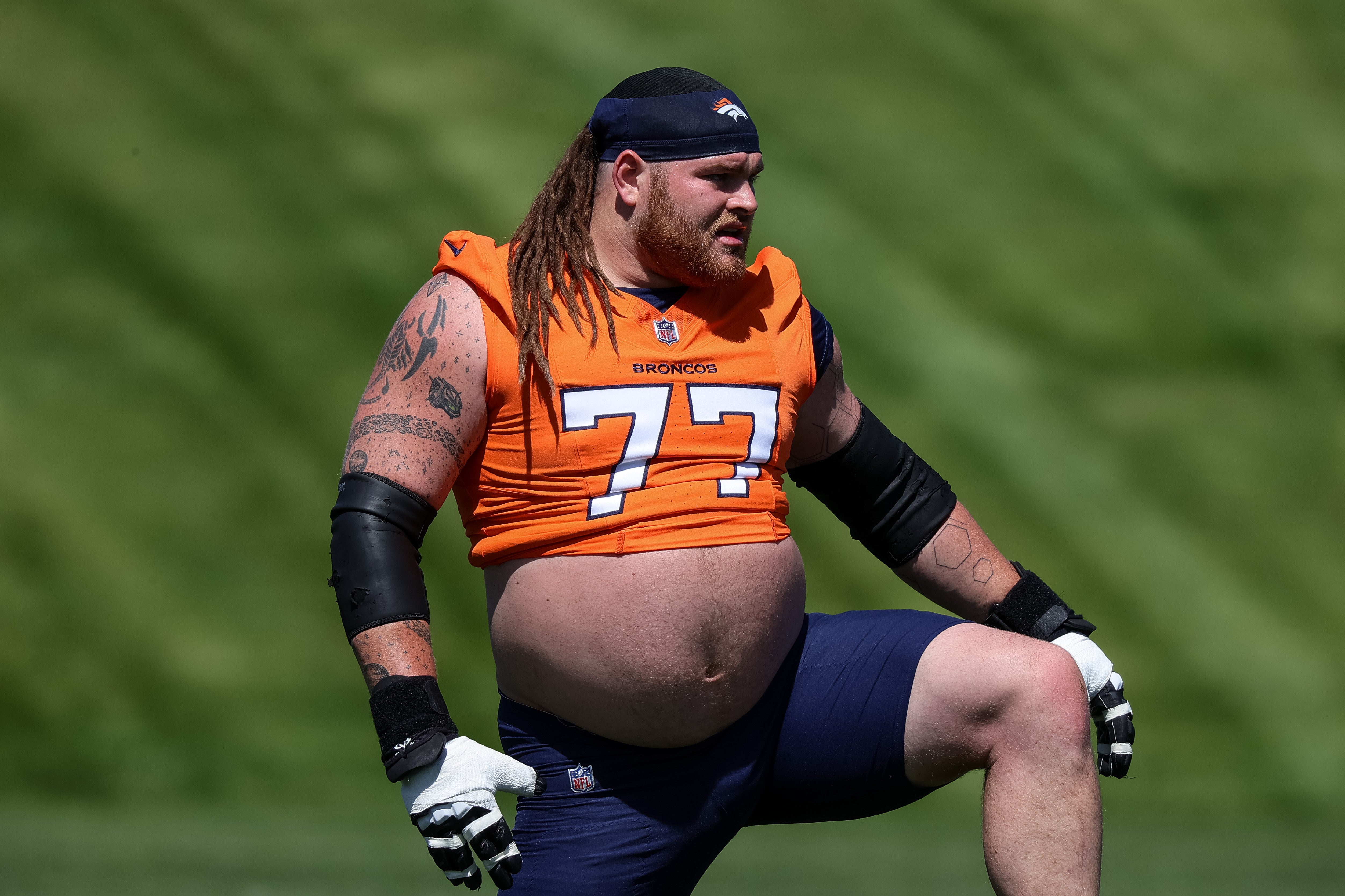 May 23, 2024; Englewood, CO, USA; Denver Broncos guard Quinn Meinerz (77) during organized team activities at Centura Health Training Center. Mandatory Credit: Isaiah J. Downing-USA TODAY Sports  