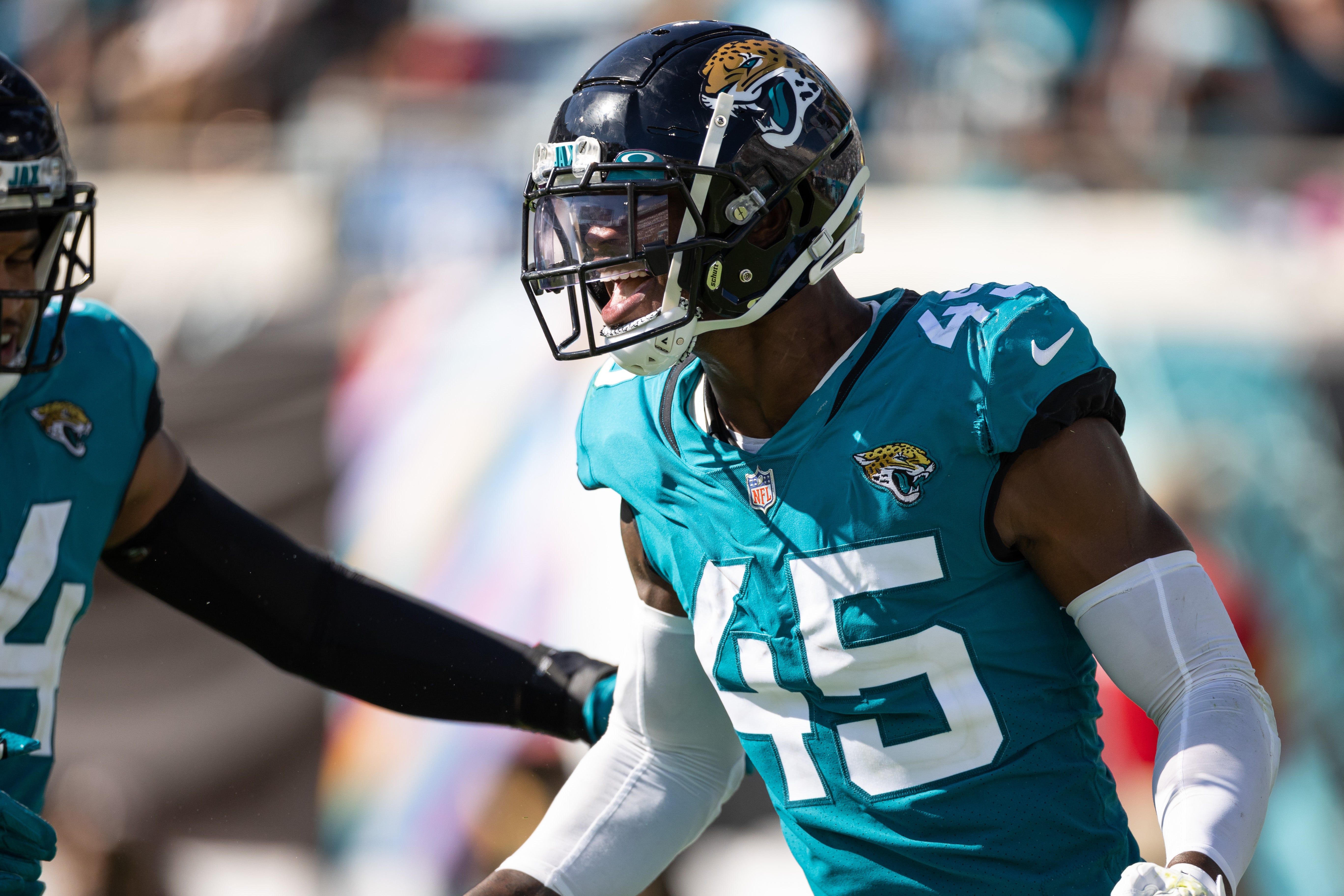 Oct 10, 2021; Jacksonville, Florida, USA; Jacksonville Jaguars linebacker K'Lavon Chaisson (45) reacts during the second half against the Tennessee Titans at TIAA Bank Field. Mandatory Credit: Matt Pendleton-USA TODAY Sports
