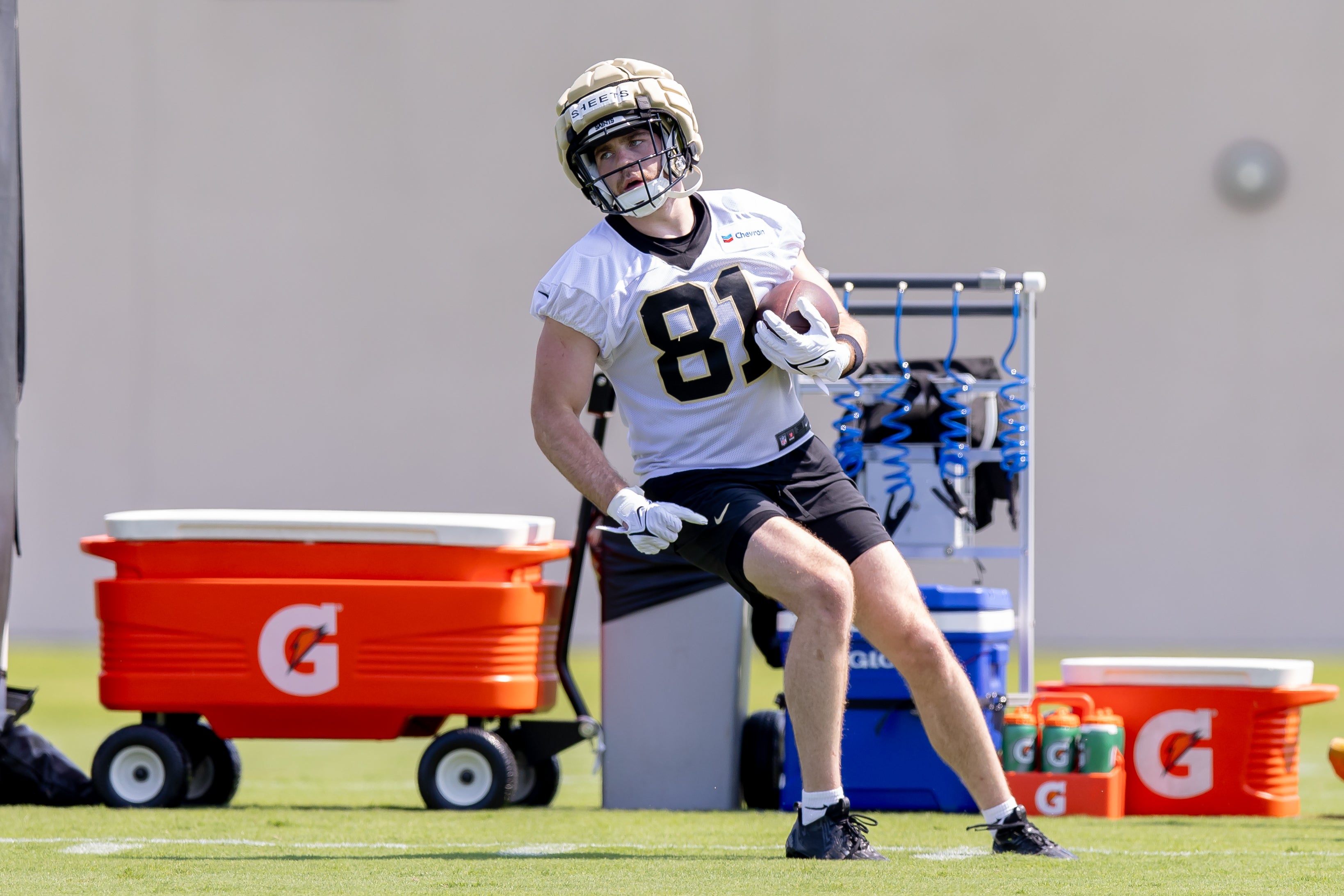 May 11, 2024; New Orleans, LA, USA; New Orleans Saints wide receiver Kyle Sheets (81) runs receiver drills during the rookie minicamp at the Ochsner Sports Performance Center.