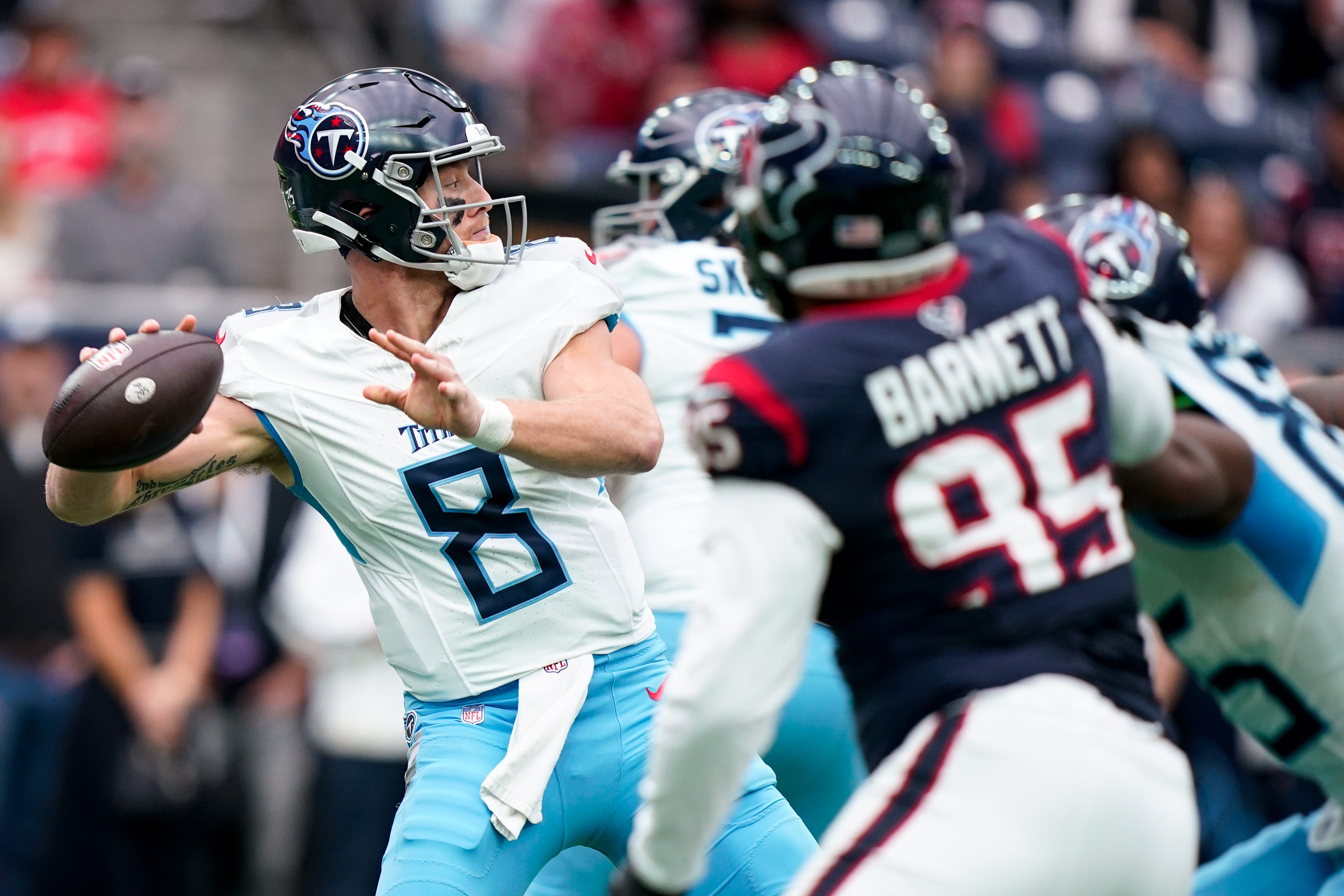 Tennessee Titans quarterback Will Levis (8) looks for a receiver against the Houston Texans during the first quarter at NRG Stadium in Houston, Texas., Sunday, Dec. 31, 2023 Denny Simmons / The Tennessean-USA TODAY NETWORK