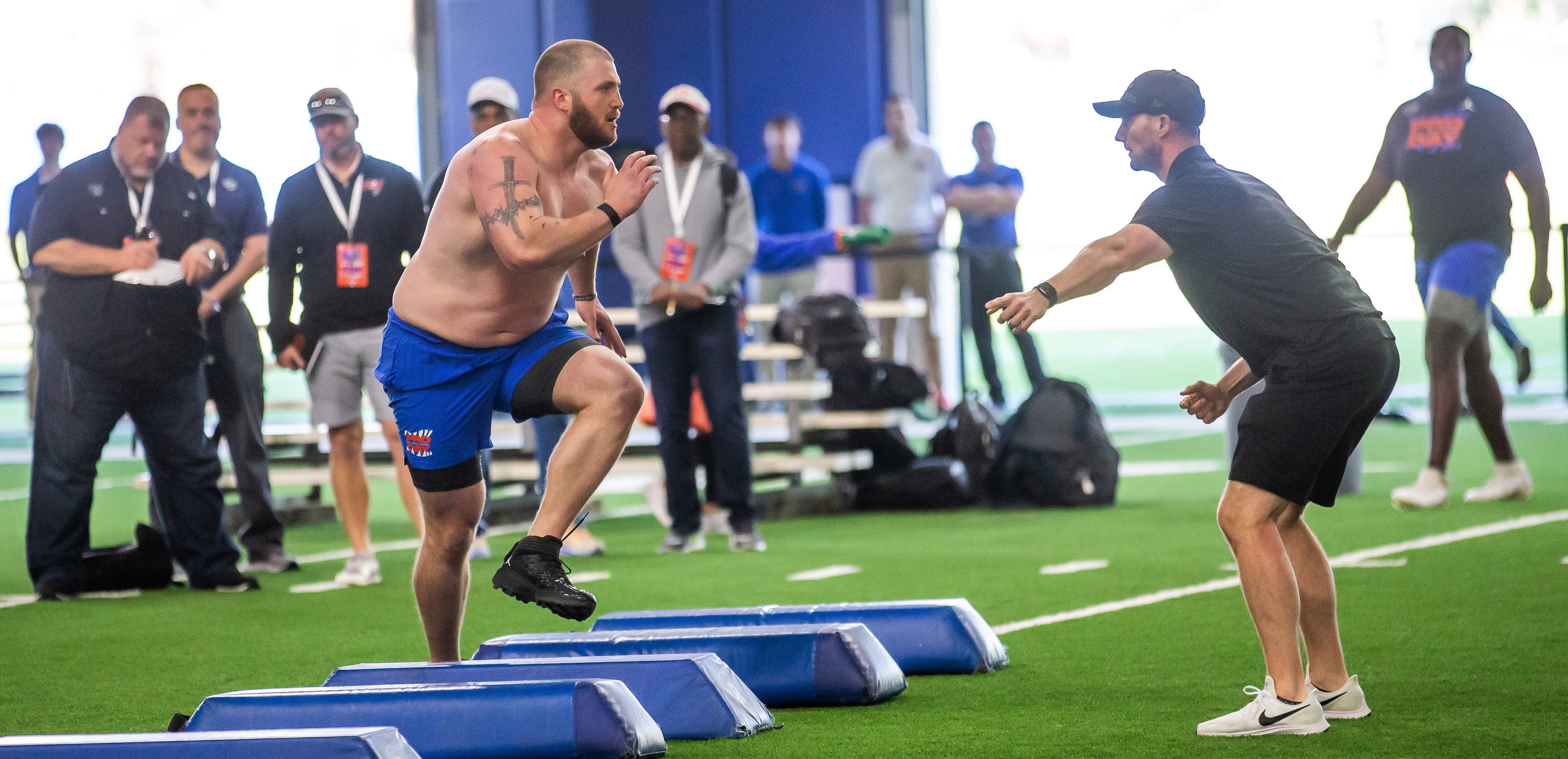 Former offensive lineman Griffin McDowell runs through a drill Thursday March 21, 2024 during Gator Pro Day. On-Field Drills were held in the Condron Indoor Practice Facility. Athletes performed broad Jump; 40-yard dash; Pro Shuttle L Drill. On-Field Position Workouts included WR/TE/RB, QB, OL. The annual event was held at Condron Indoor Practice Facility in Gainesville, FL on Thursday, March 21, 2024.