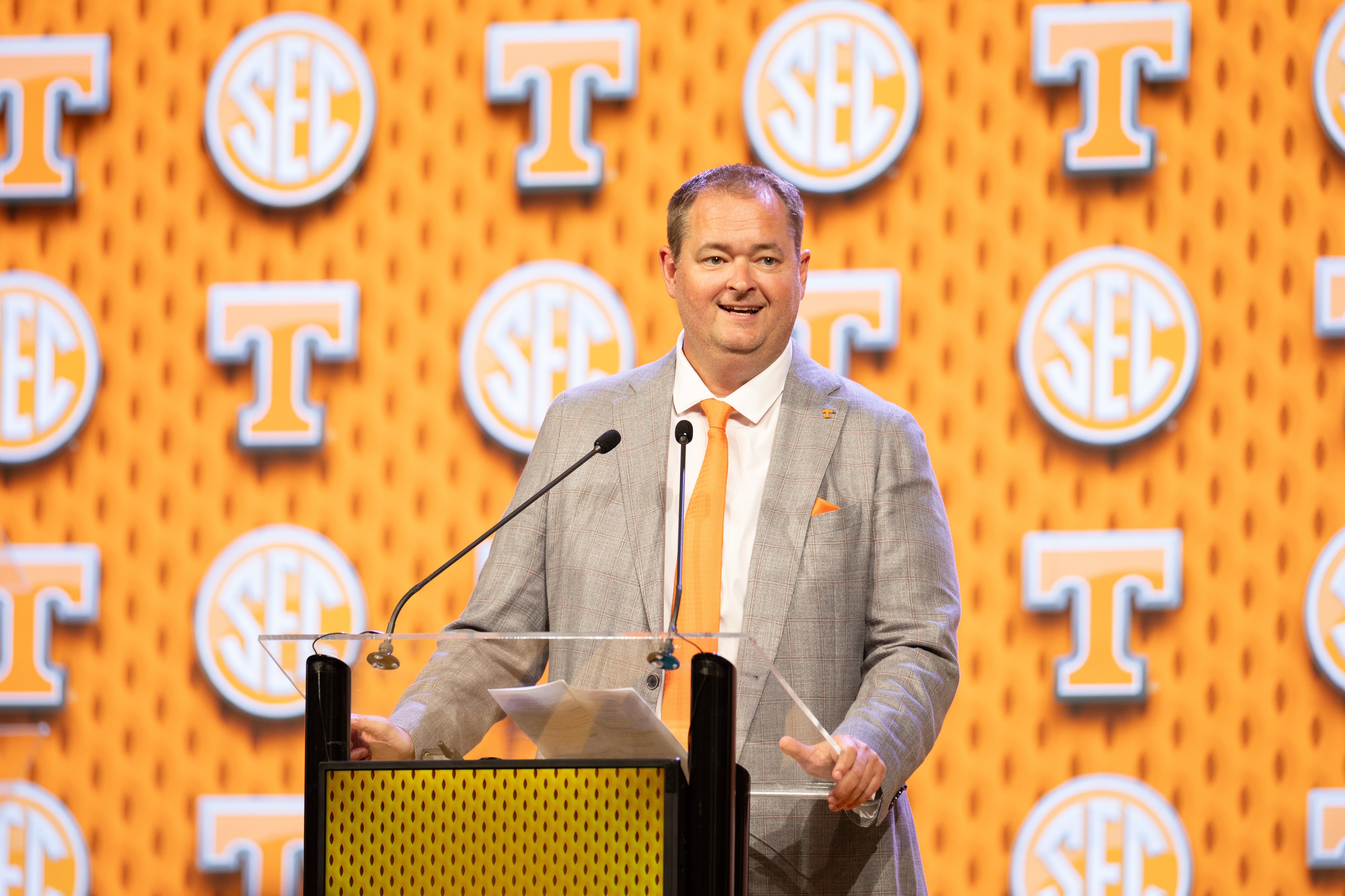 Jul 16, 2024; Dallas, TX, USA; Tennessee head coach Josh Heupel speaking at Omni Dallas Hotel.