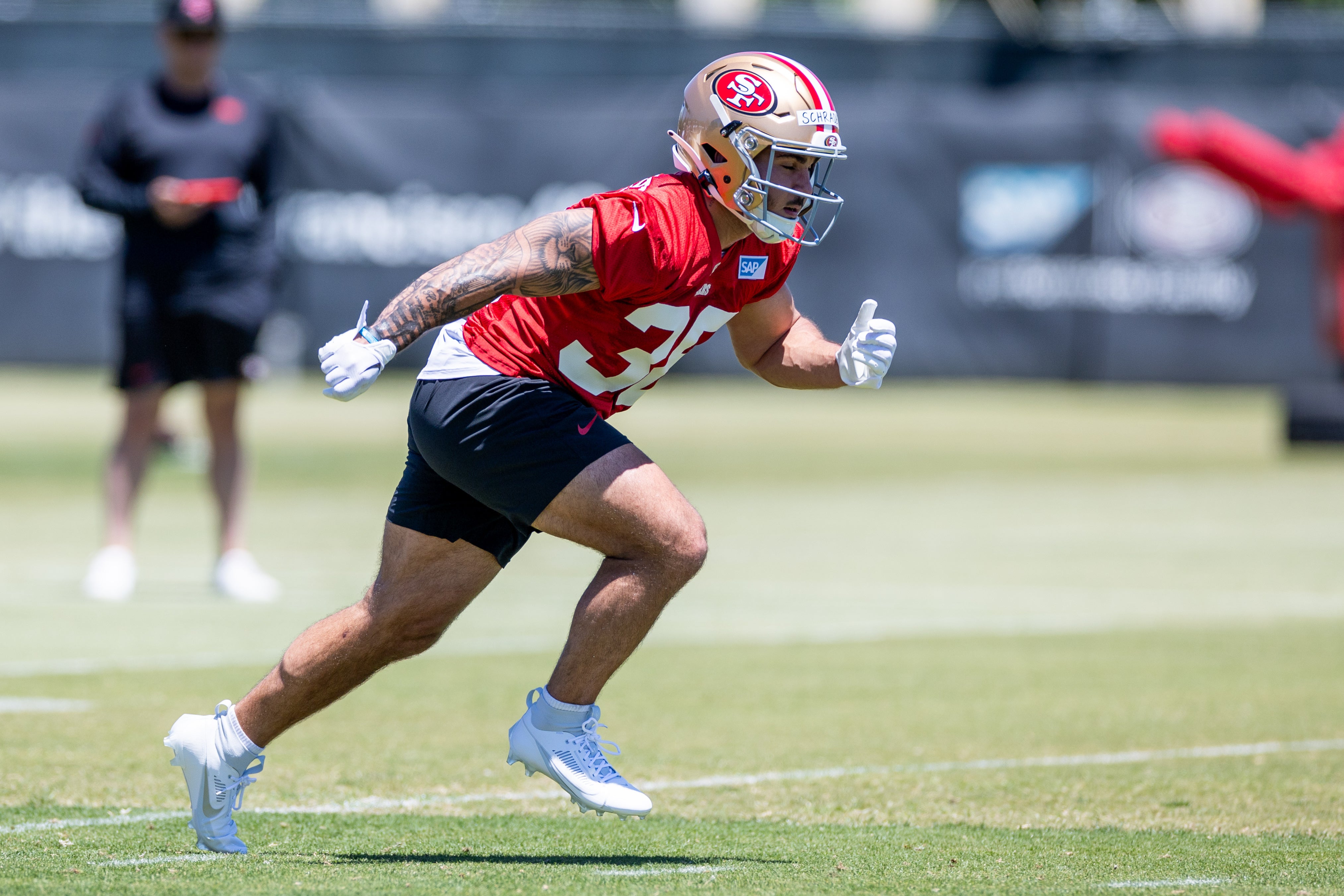 May 10, 2024; Santa Clara, CA, USA; San Francisco 49ers running back Cody Schrader (38) runs drills during the 49ers rookie minicamp at Levi’s Stadium in Santa Clara, CA.