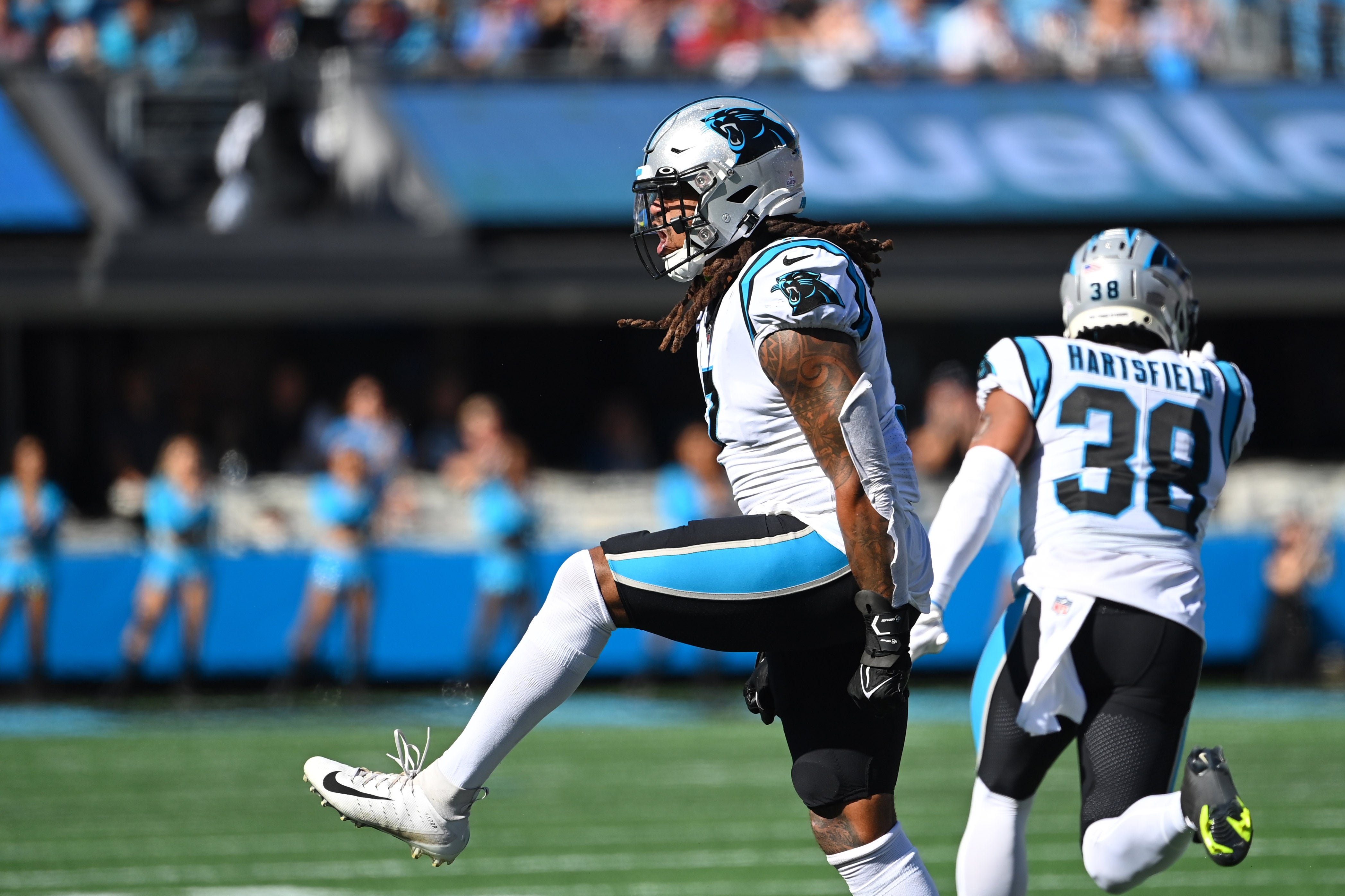 Oct 23, 2022; Charlotte, North Carolina, USA; Carolina Panthers linebacker Shaq Thompson (7) reacts in the third quarter at Bank of America Stadium. Mandatory Credit: Bob Donnan-USA TODAY Sports