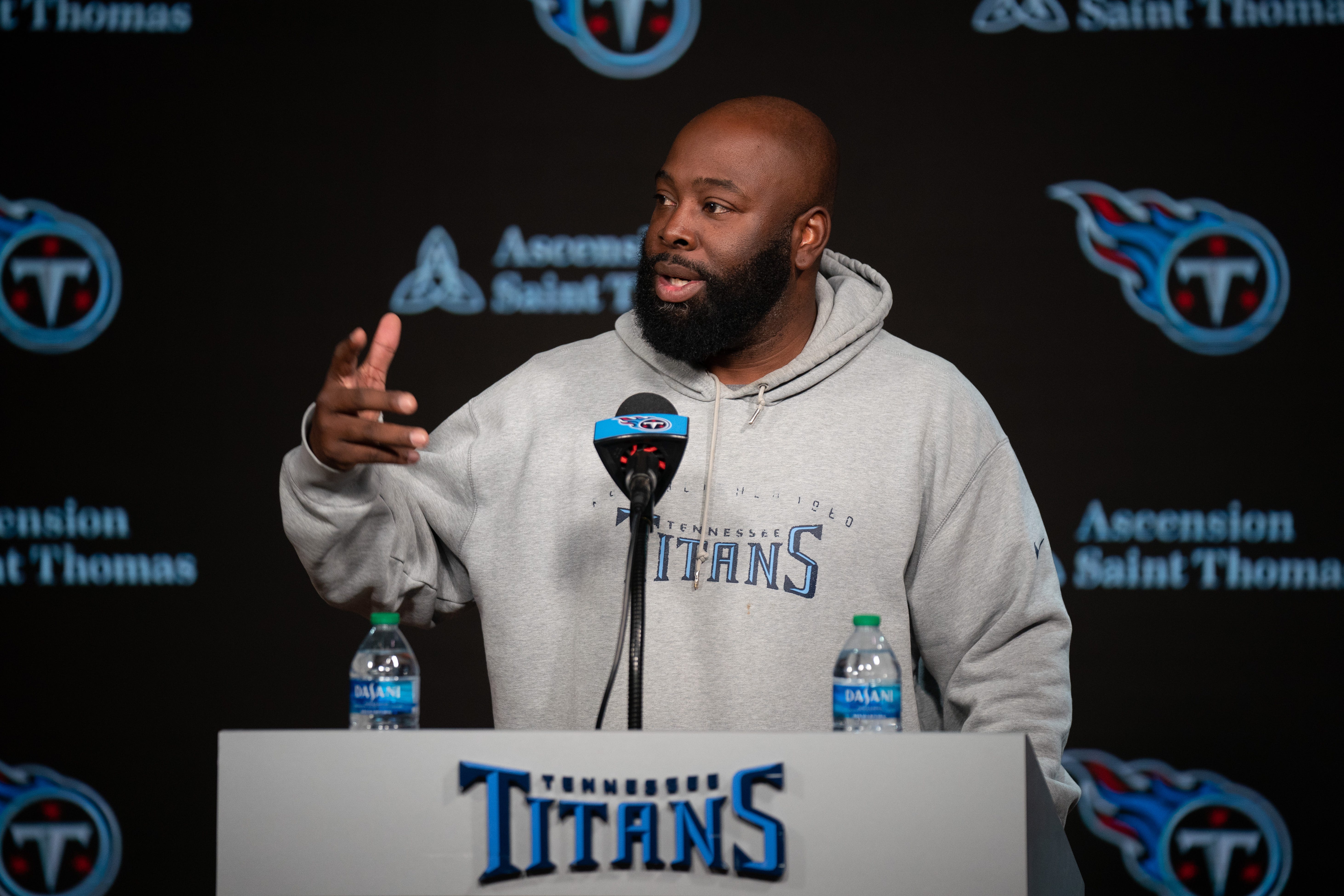 Tennessee Titans General Manager Ran Carthon fields questions at a press conference at Ascension Saint Thomas Sports Park Tuesday morning, April 2, 2024 Denny Simmons / The Tennessean-USA TODAY NETWORK