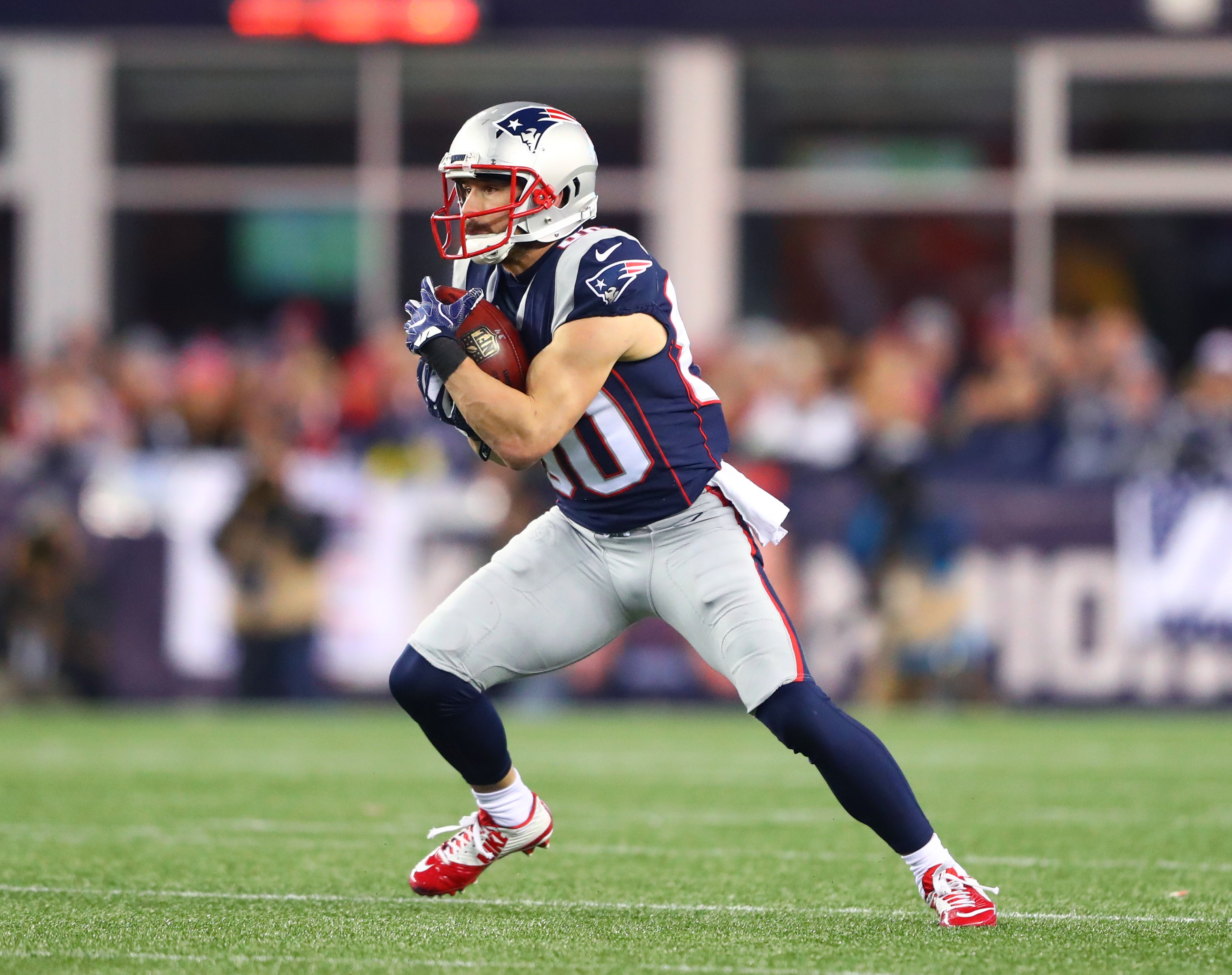 Jan 21, 2018; Foxborough, MA, USA; New England Patriots wide receiver Danny Amendola (80) against the Jacksonville Jaguars during the AFC Championship at Gillette Stadium.