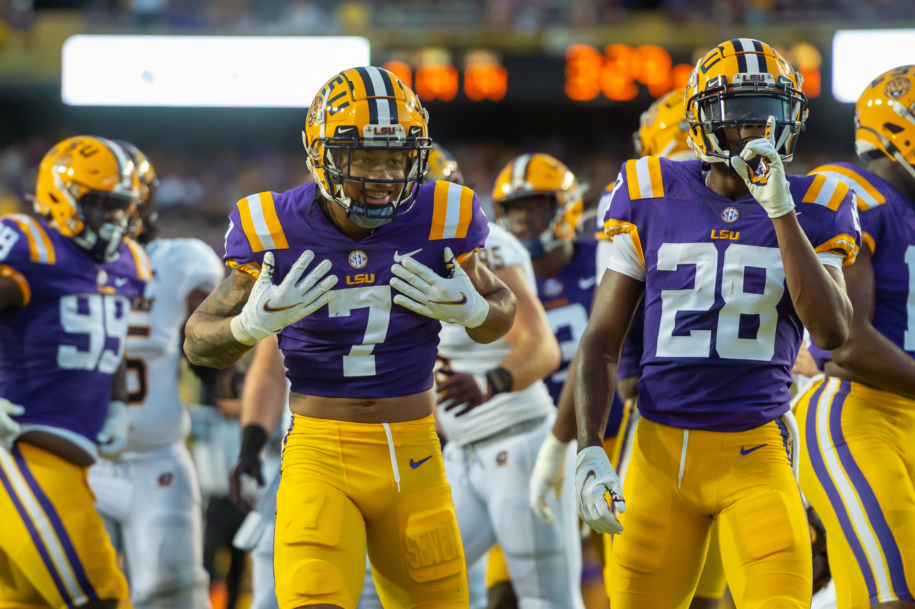 Sep 18, 2021; Baton Rouge, LA, USA; LSU Tigers cornerback Derek Stingley Jr. (7) reacts after making a tackle against the Central Michigan Chippewas at Tiger Stadium.
