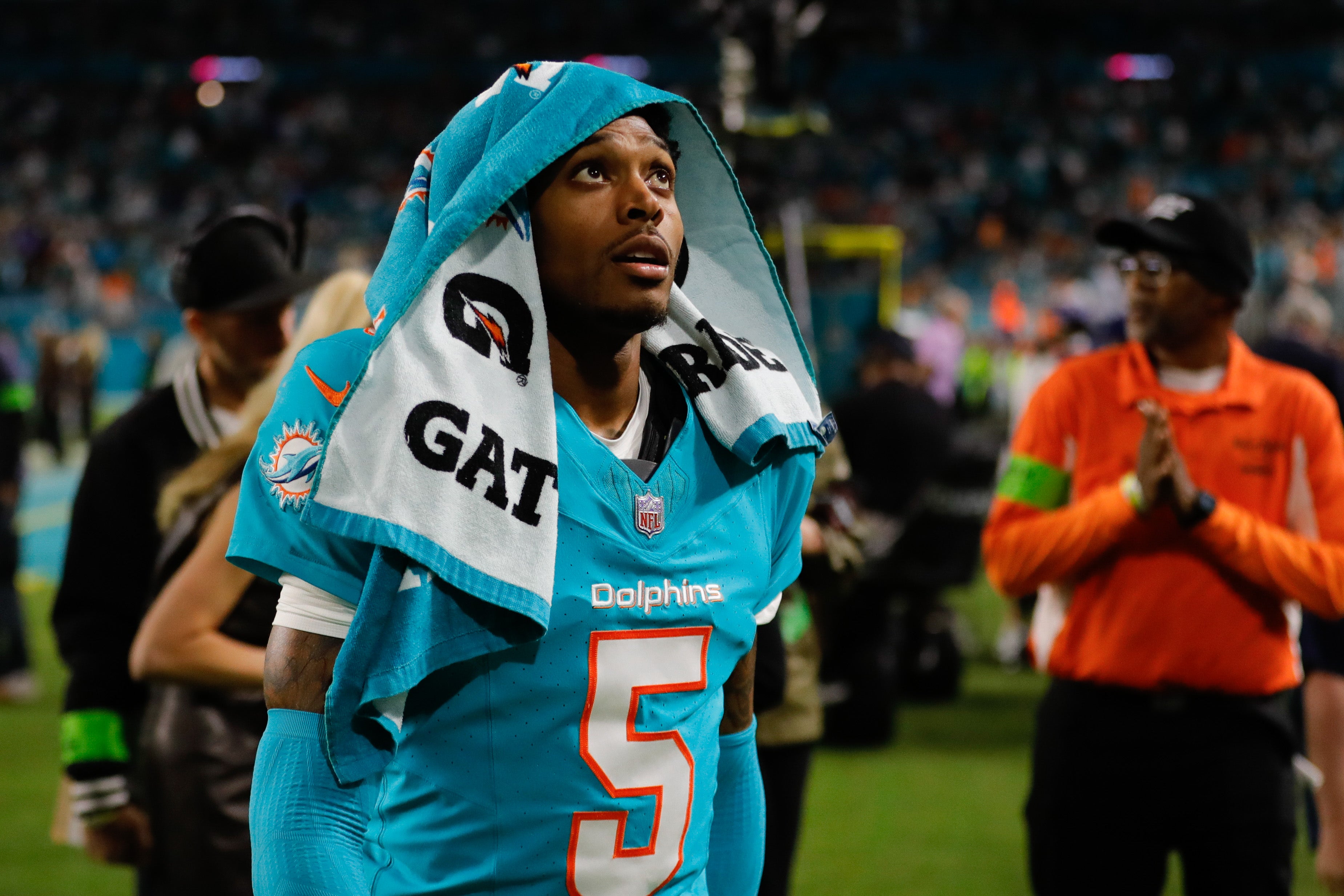 Dec 11, 2023; Miami Gardens, Florida, USA; Miami Dolphins cornerback Jalen Ramsey (5) looks on as he walks toward the locker room against the Tennessee Titans during halftime at Hard Rock Stadium.