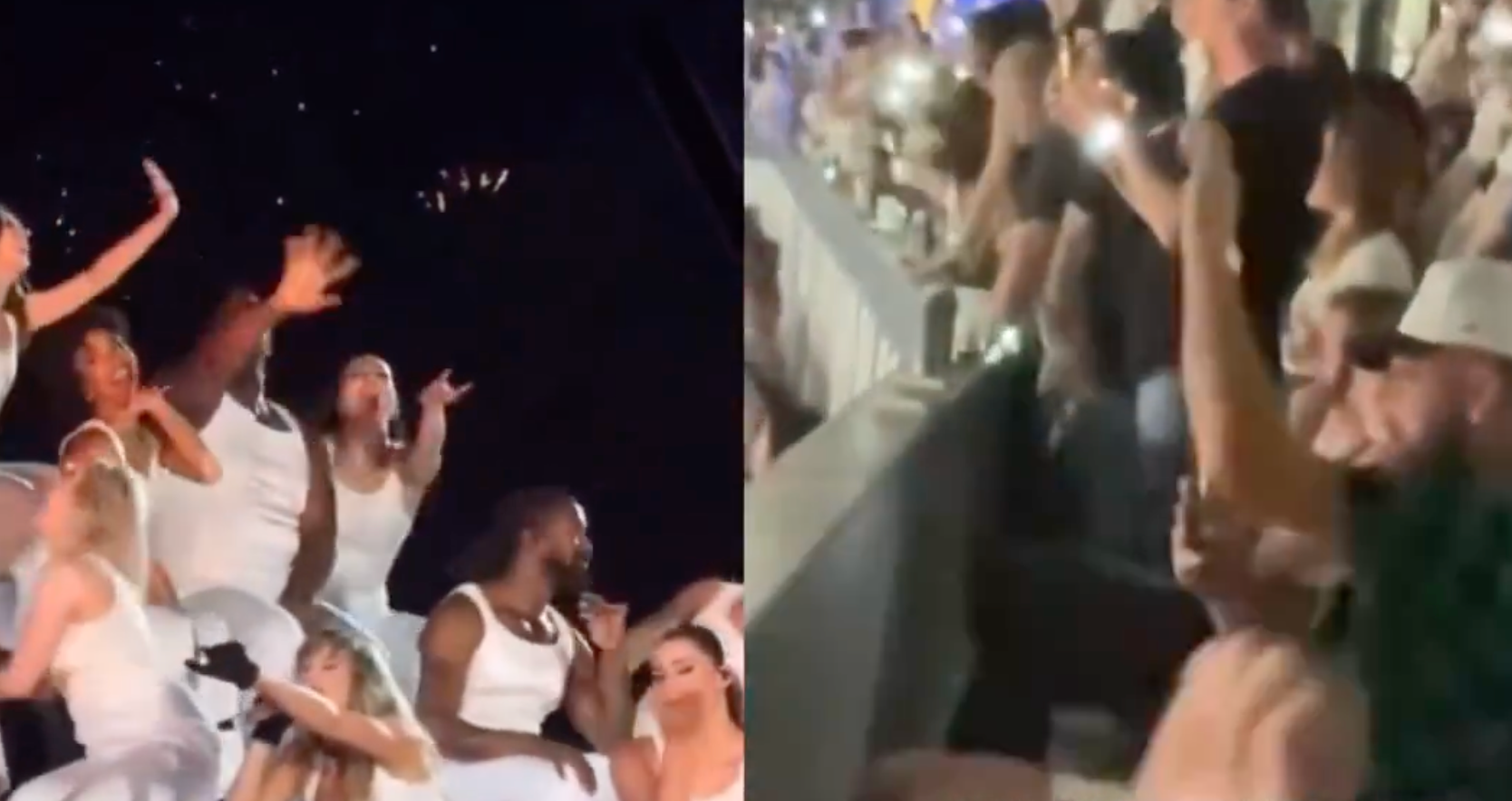 Travis Kelce and Taylor Swift wave to each other during "So High School" during Taylor Swift's Germany Eras Tour show.