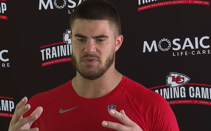 Chiefs TE Jared Wiley speaks to the media at training camp.
