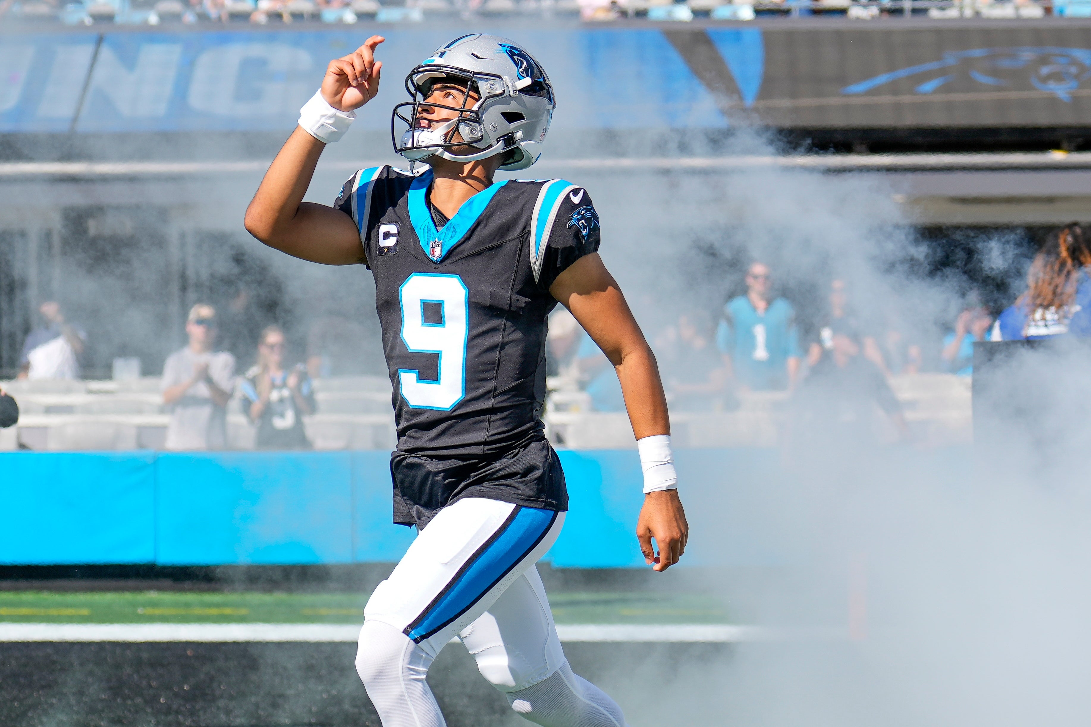 Oct 29, 2023; Charlotte, North Carolina, USA; Carolina Panthers quarterback Bryce Young (9) takes the field during the first quarter against the Houston Texans at Bank of America Stadium. Mandatory Credit: Jim Dedmon-USA TODAY Sports