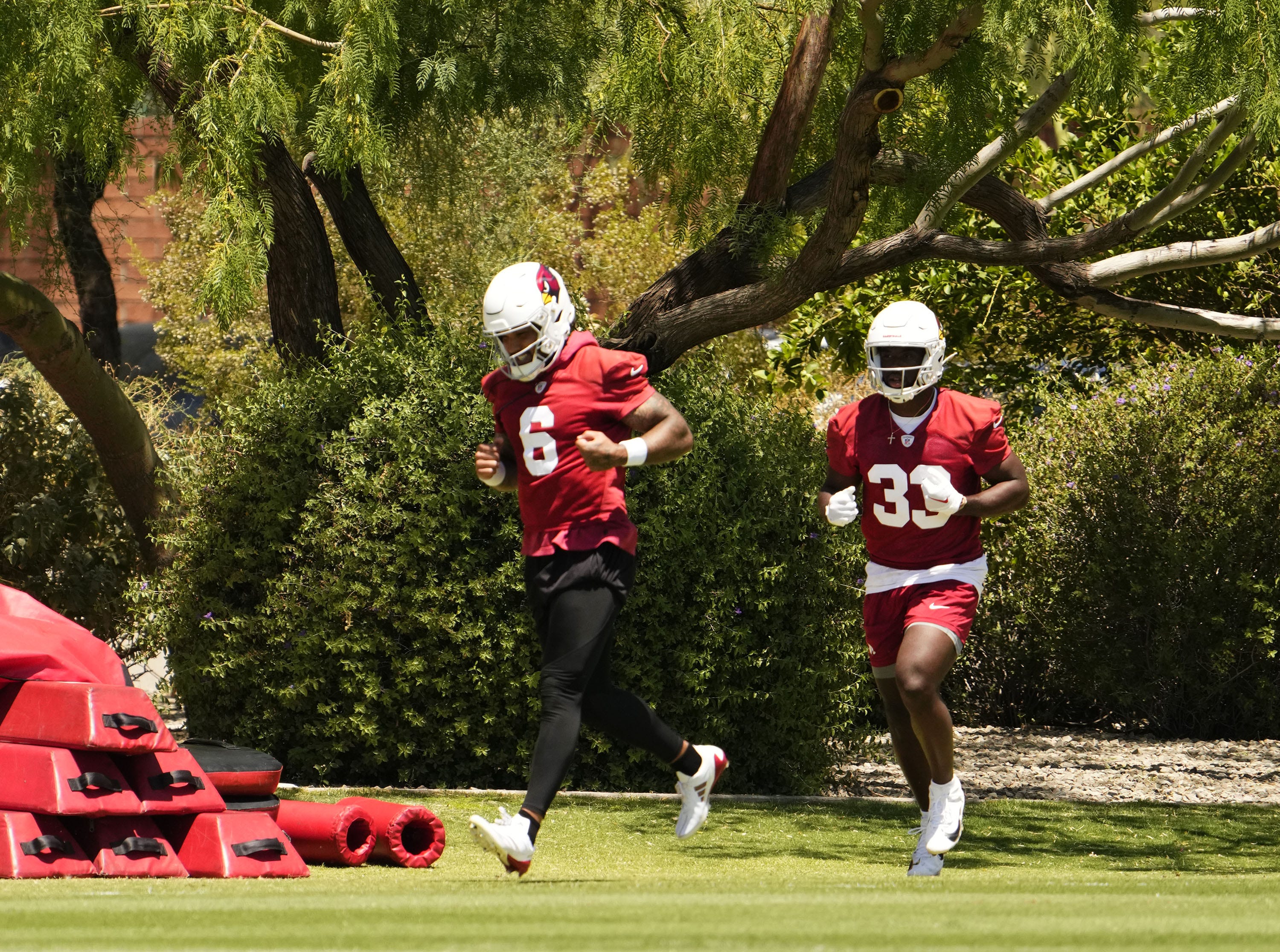 Arizona Cardinals running backs James Conner (6) and Trey Benson (33) during organized team activities at the Dignity Health Arizona Cardinals Training Center on May 28, 2024.