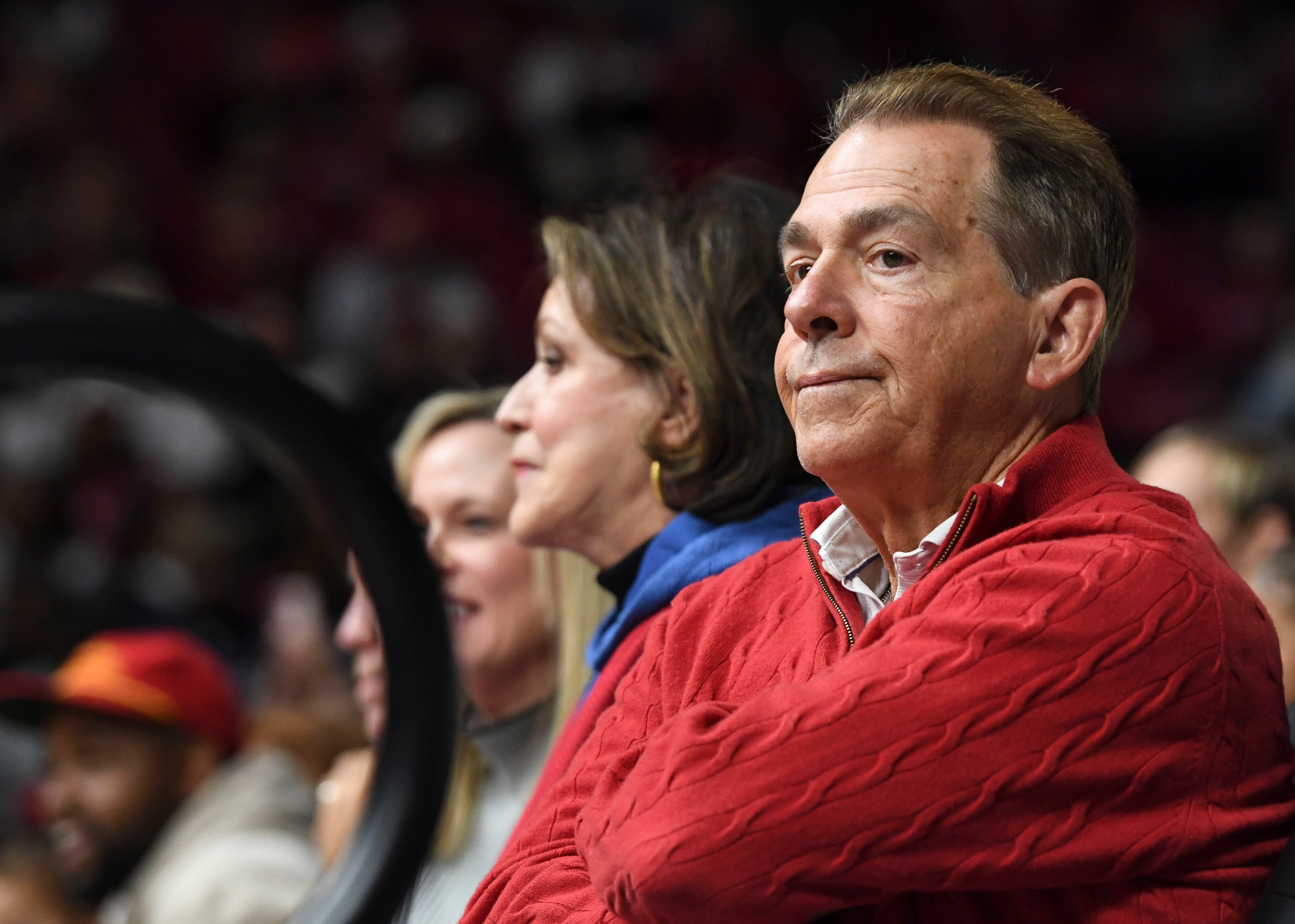 Feb 17, 2024; Tuscaloosa, Alabama, USA; Alabama Crimson Tide former head football coach Nick Saban looks on during a basketball game between Alabama and the Texas A&M Aggies at Coleman Coliseum. Mandatory Credit: Gary Cosby Jr.-USA TODAY Sports