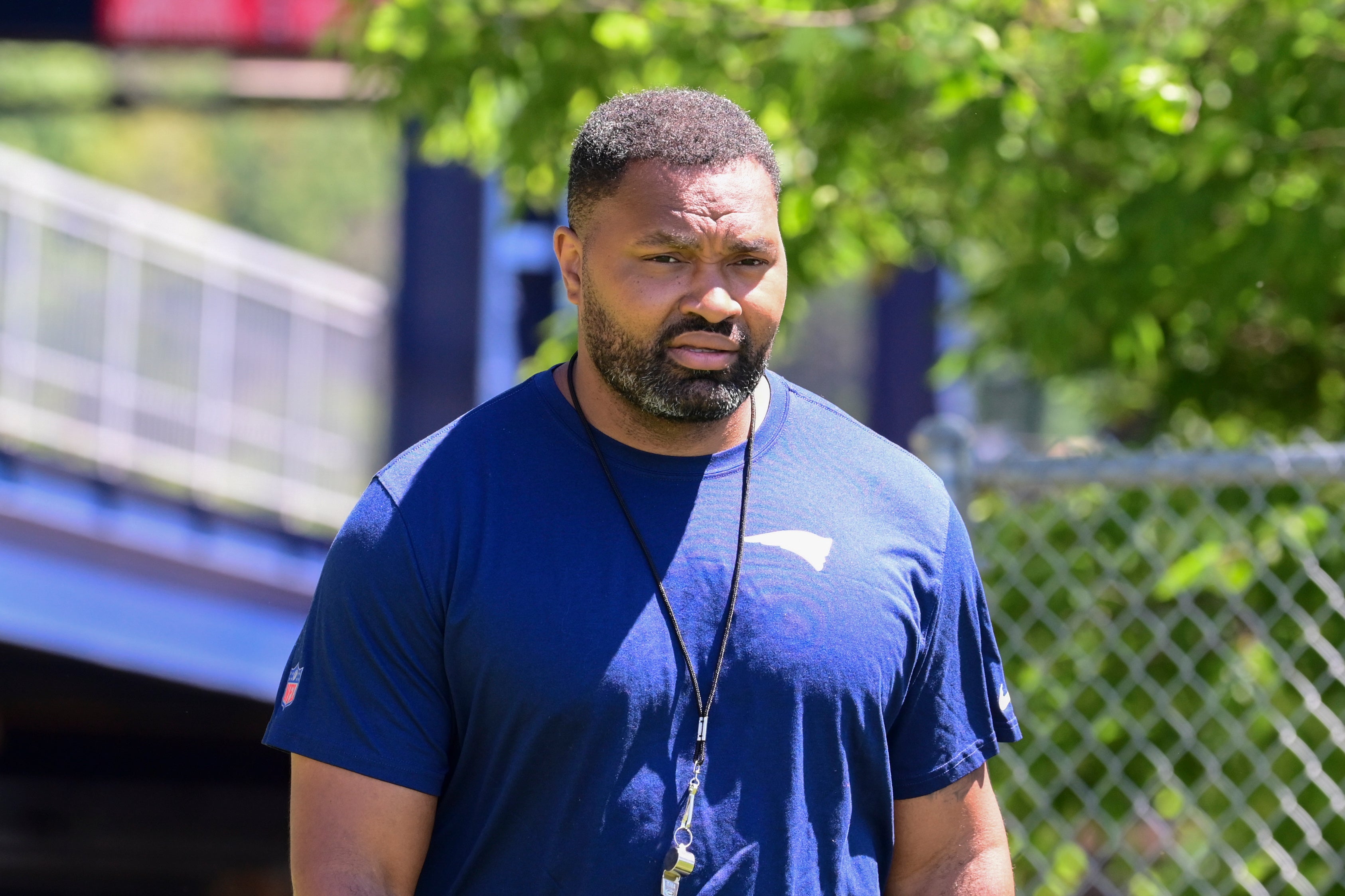 Jun 10, 2024; Foxborough, MA, USA; New England Patriots head coach Jerod Mayo walks to a press conference before minicamp at Gillette Stadium.