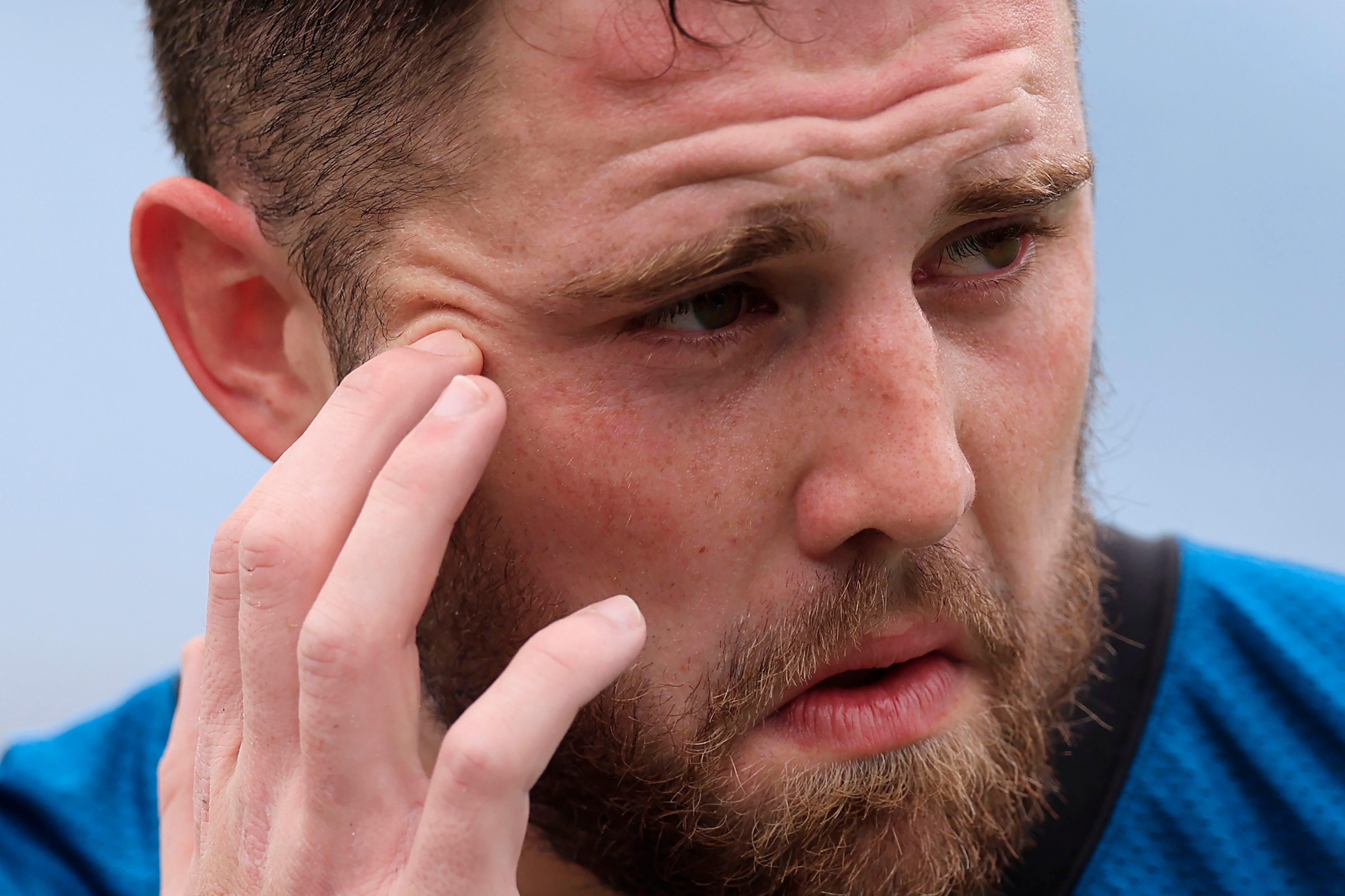 Jacksonville Jaguars tight end Gerrit Prince (86) looks on during an interview after practice during the first day of a mandatory minicamp Monday, June 12, 2023 at TIAA Bank Field in Jacksonville, Fla. This is the first of a three day camp June 12-14.