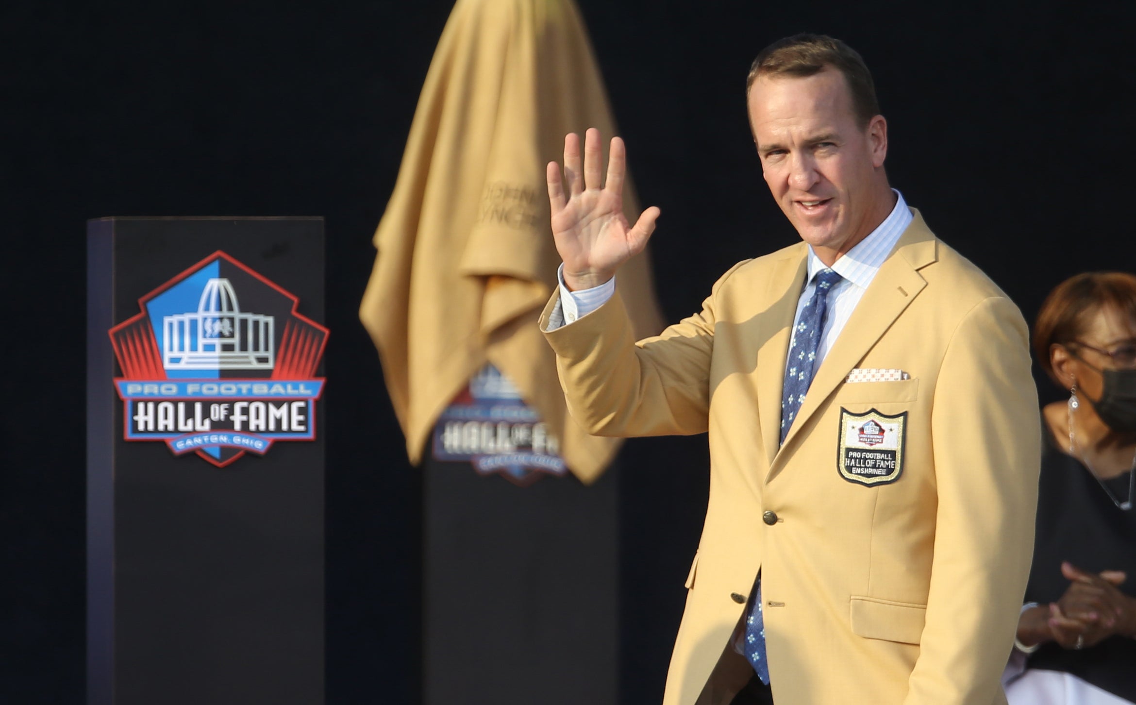 Aug 8, 2021; Canton, Ohio, USA; Indianapolis Colts former quarterback Peyton Manning is introduced during the Class of 2021 NFL Hall of Fame induction ceremony at Tom Benson Hall of Fame Stadium.