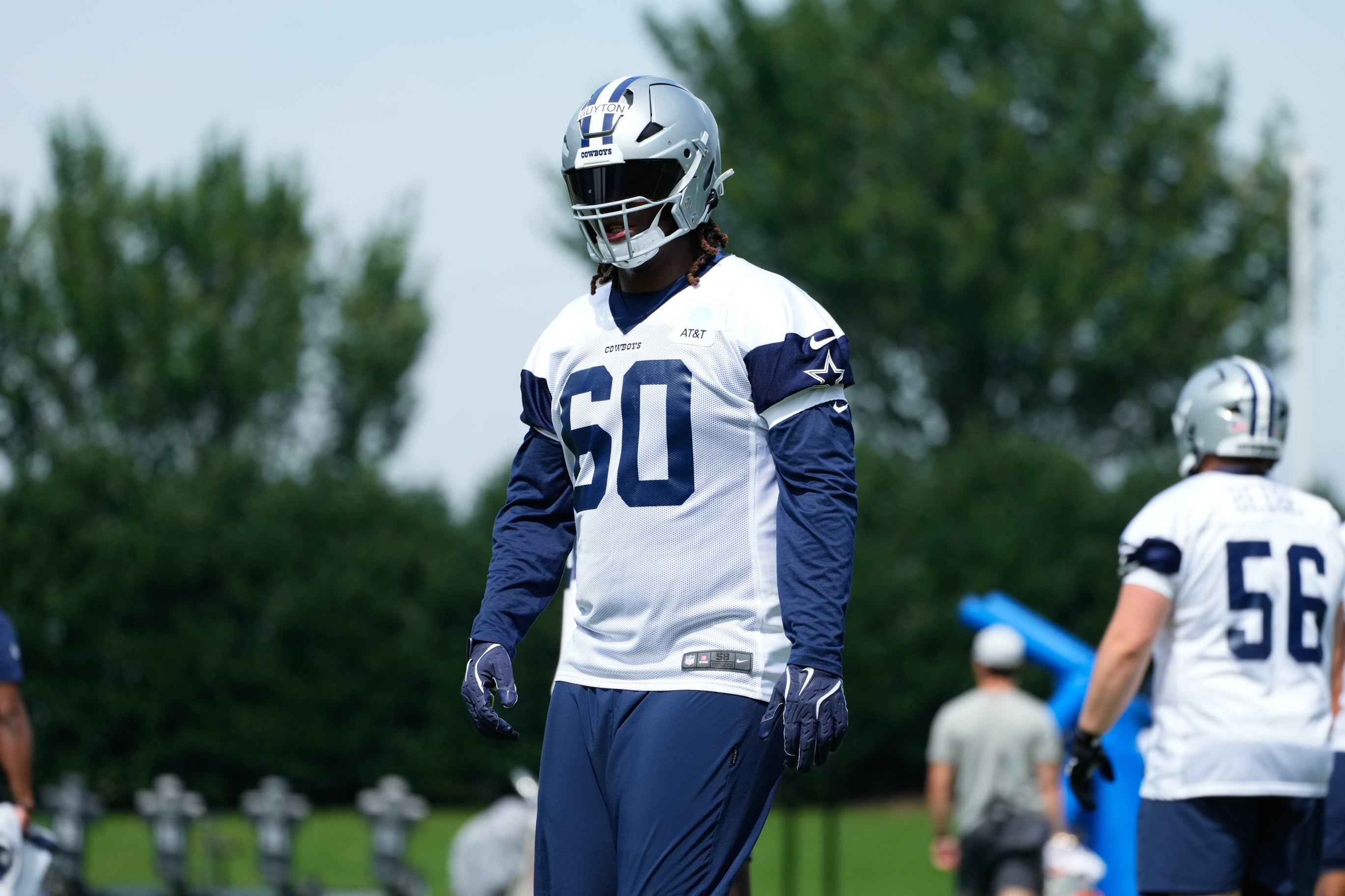 Dallas Cowboys tackle Tyler Guyton (60) goes through a drill during practice at the Ford Center at the Star Training Facility in Frisco, Texas.