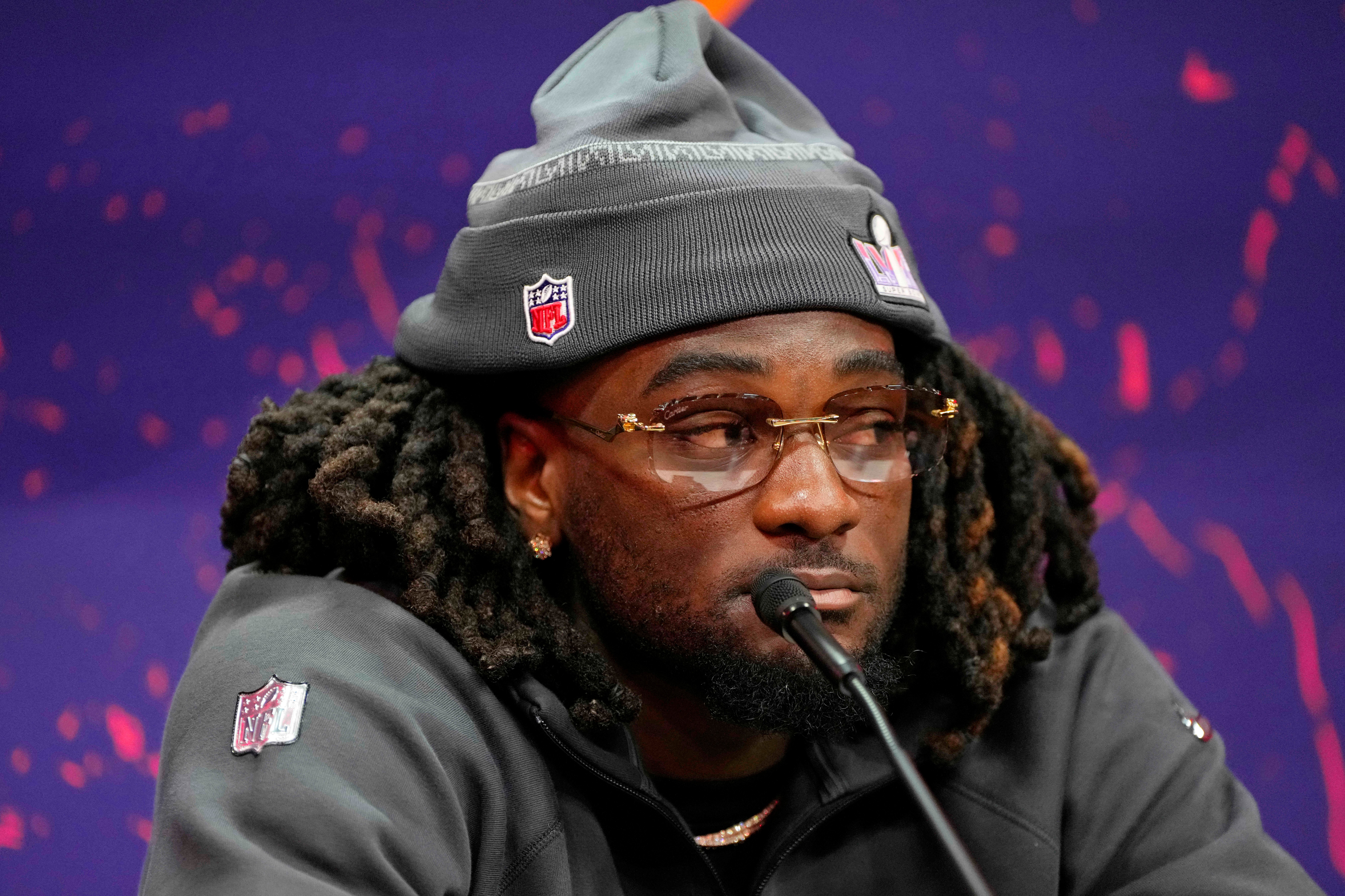 Feb 5, 2024; Las Vegas, NV, USA; San Francisco 49ers wide receiver Brandon Aiyuk (11) talks to the media during Super Bowl LVIII Opening Night at Allegiant Stadium.