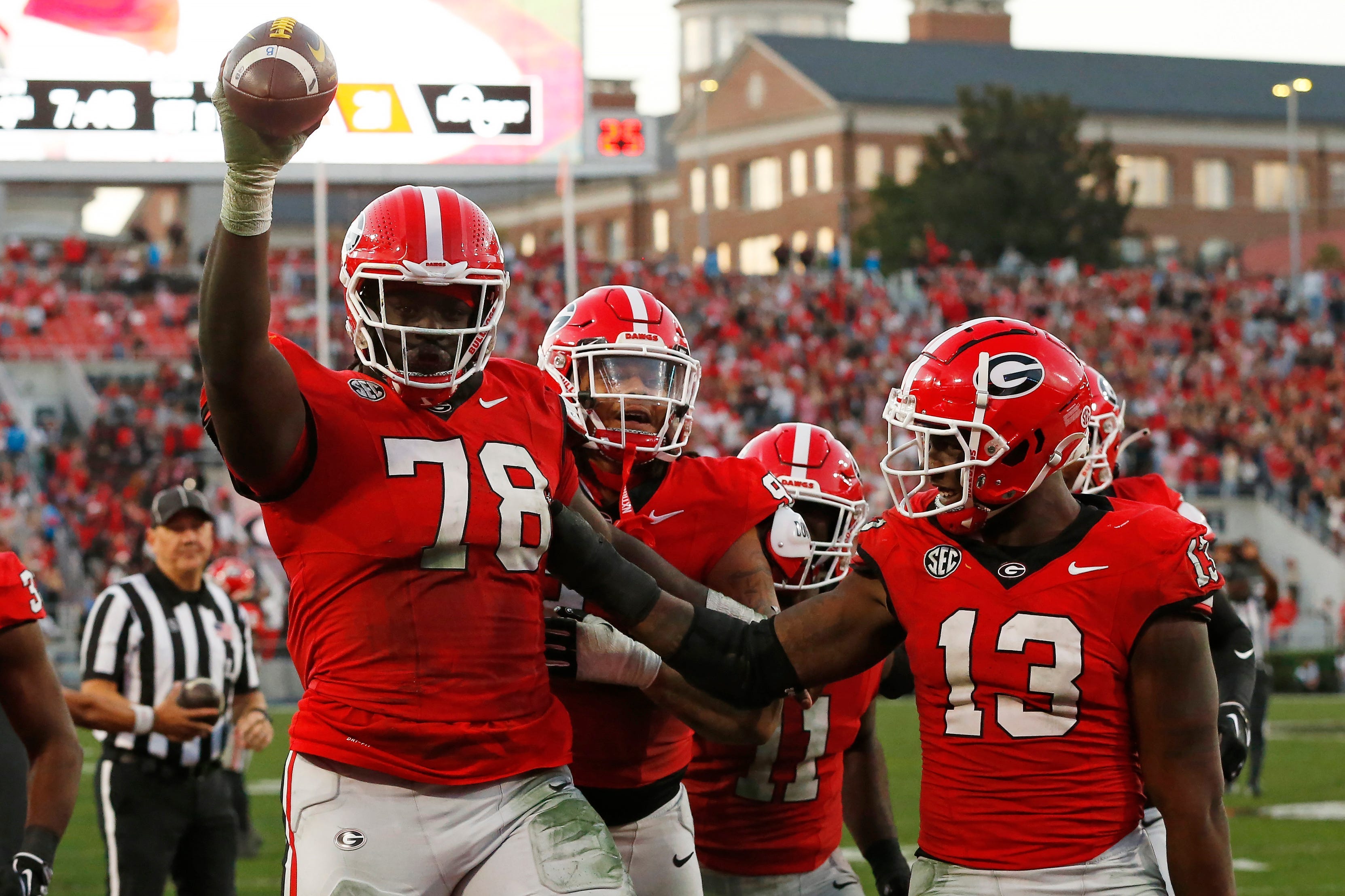 Georgia defensive lineman Nazir Stackhouse (78) celebrates after making an interception during the second half against Missouri in Athens, Ga., on Saturday, Nov. 4, 2023.