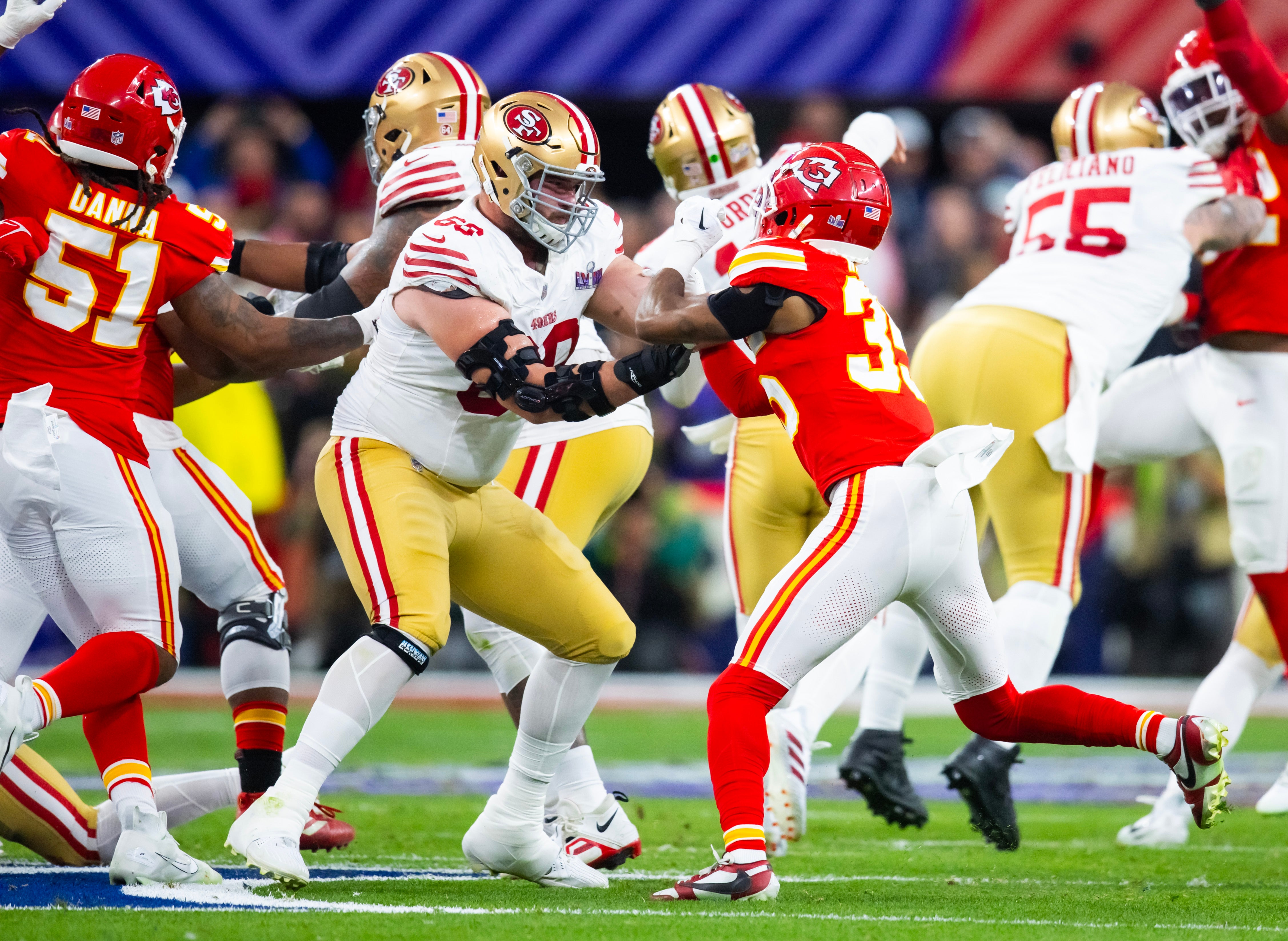Feb 11, 2024; Paradise, Nevada, USA; San Francisco 49ers offensive tackle Colton McKivitz (68) against the Kansas City Chiefs in Super Bowl LVIII at Allegiant Stadium.