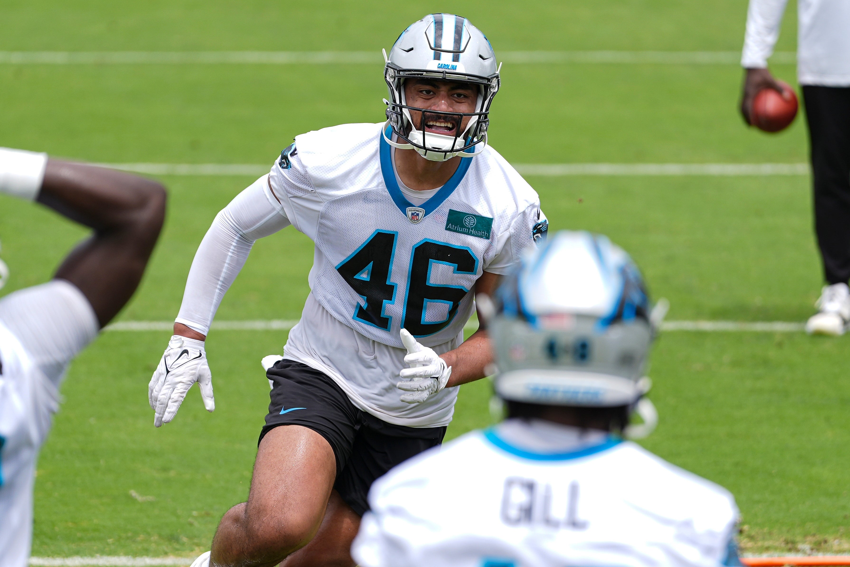 Jun 4, 2024; Charlotte, NC, USA; Carolina Panthers linebacker Eku Leota (46) runs an agility drill during OTAs. Mandatory Credit: Jim Dedmon-USA TODAY Sports