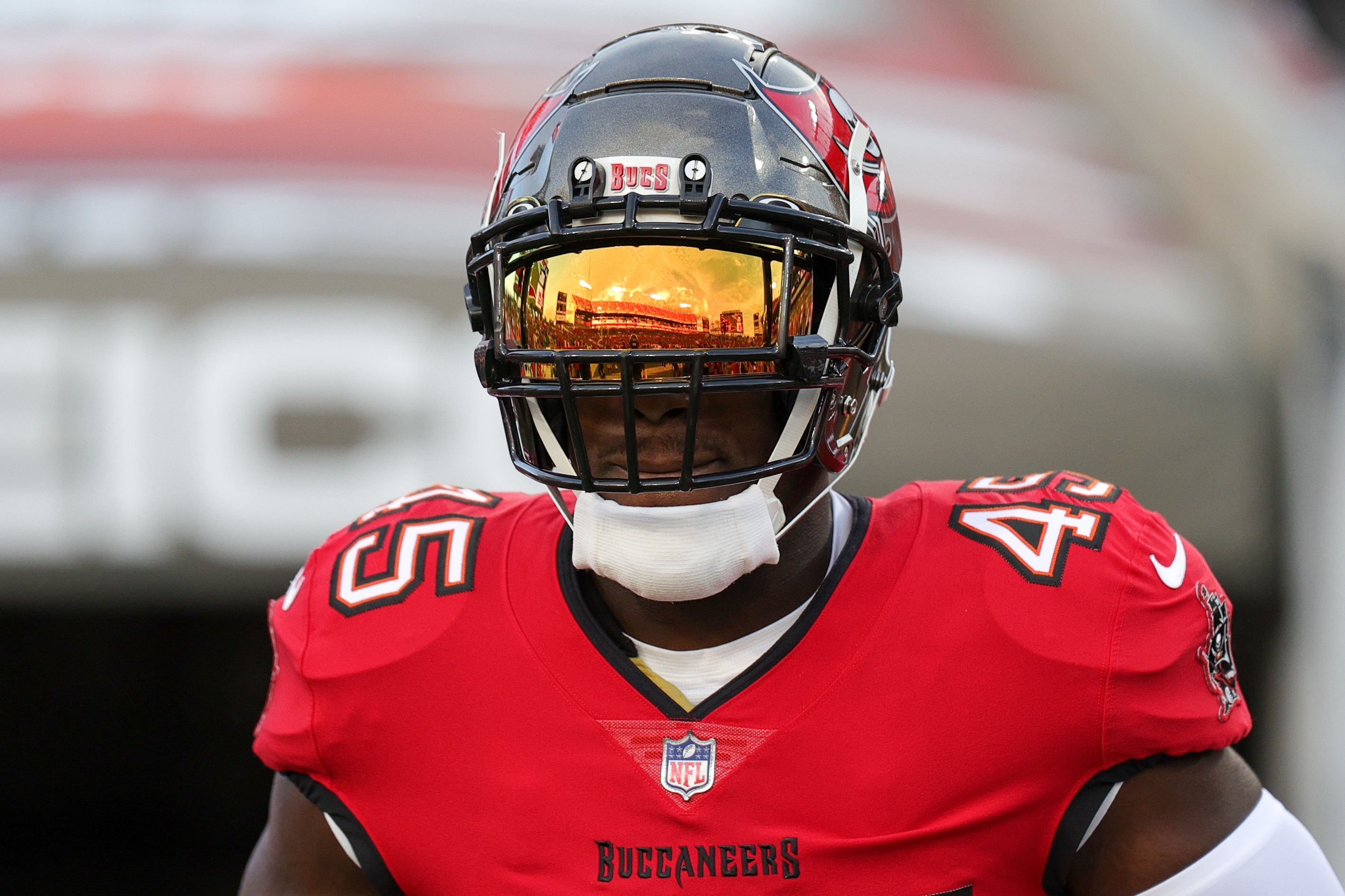 Tampa Bay Buccaneers linebacker Devin White (45) takes the field for warm ups before a game against the Philadelphia Eagles at Raymond James Stadium.