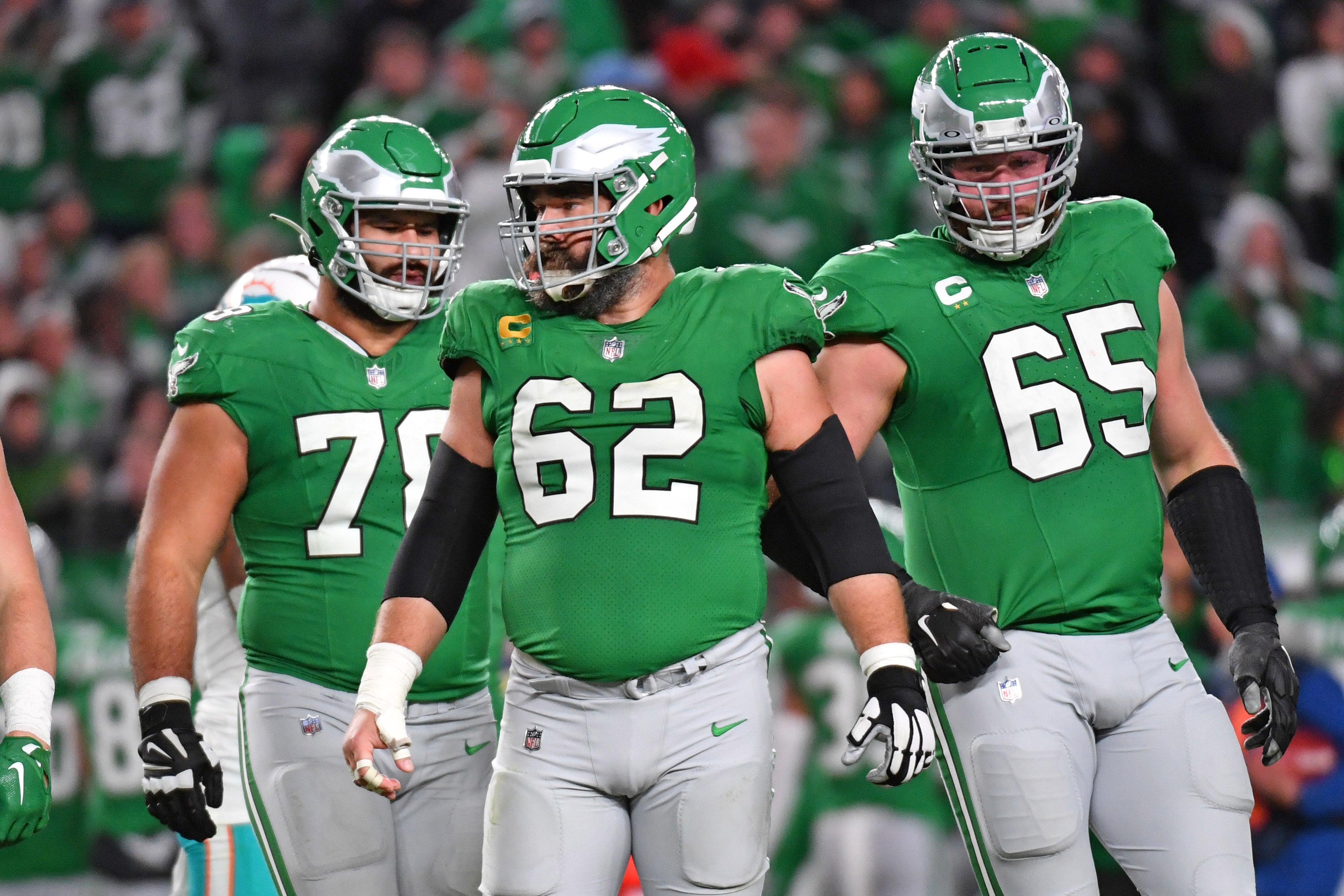 Philadelphia Eagles guard Sua Opeta (78), center Jason Kelce (62), and offensive tackle Lane Johnson (65) against the Miami Dolphins at Lincoln Financial Field.