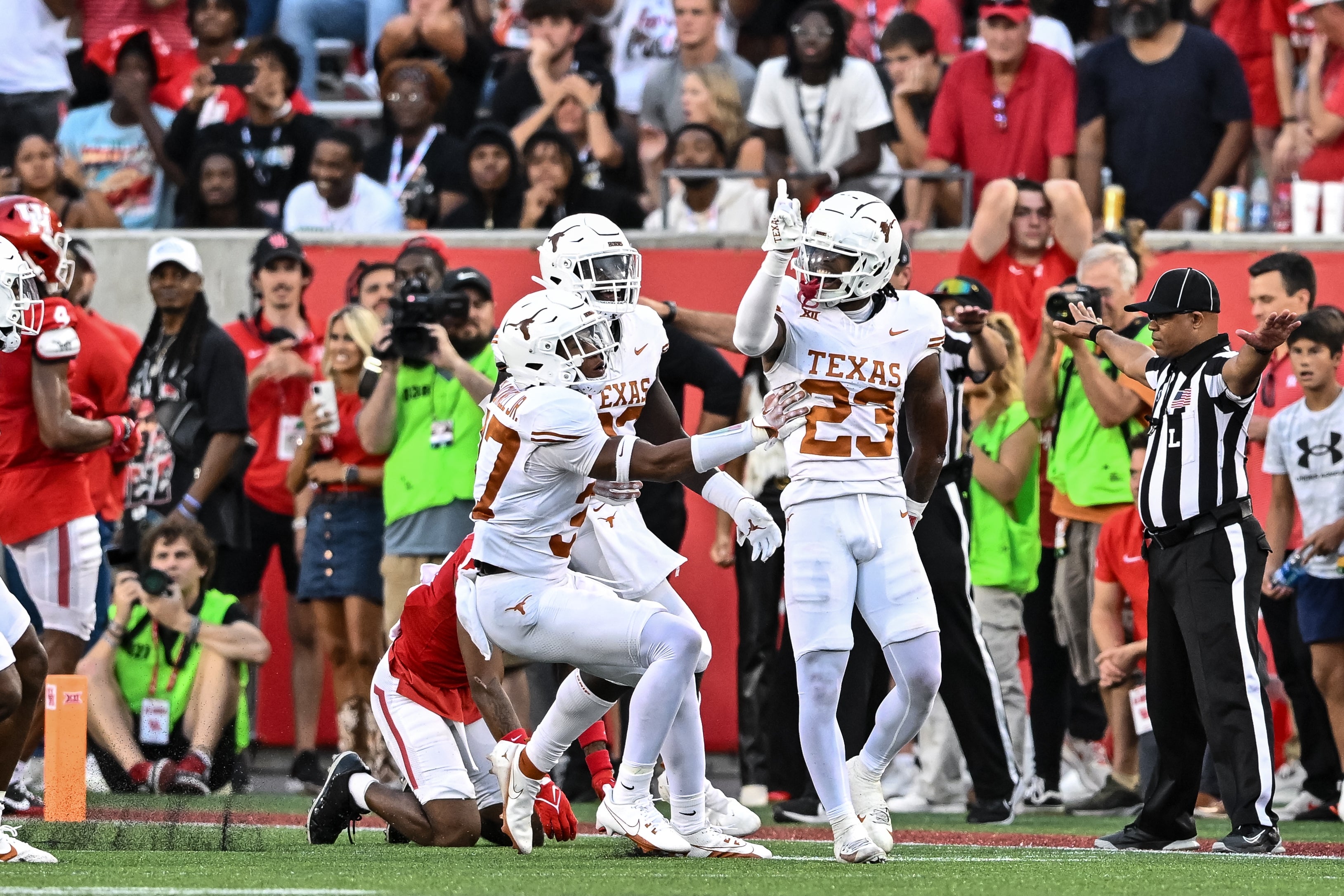 Oct 21, 2023; Houston, Texas, USA; Texas Longhorns defensive end Jahdae Barron (23) reacts during the fourth quarter against the Houston Cougars at TDECU Stadium.