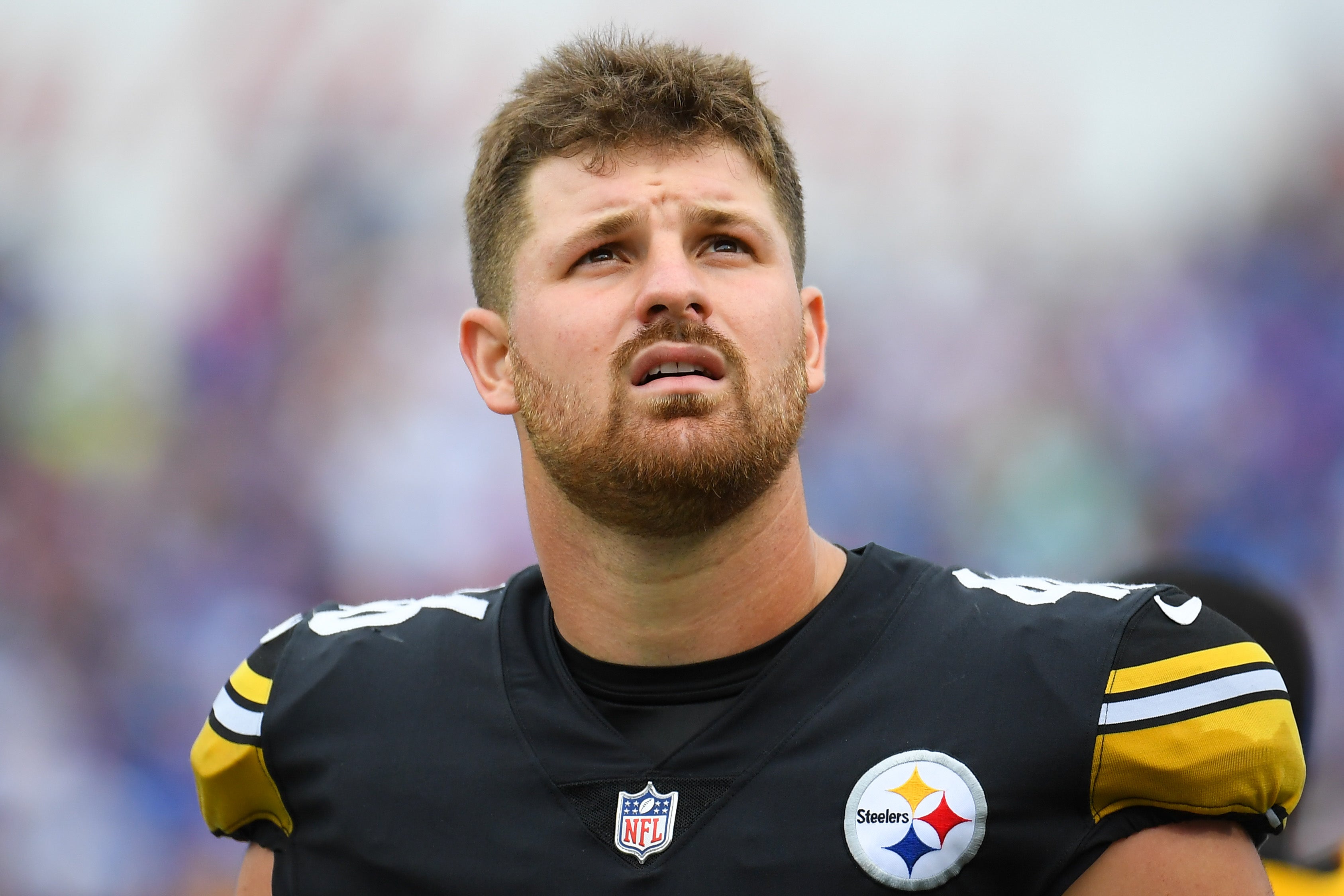 Sep 12, 2021; Orchard Park, New York, USA; Pittsburgh Steelers linebacker Christian Kuntz (46) looks on against the Buffalo Bills during the first half at Highmark Stadium. Mandatory Credit: Rich Barnes-USA TODAY Sports