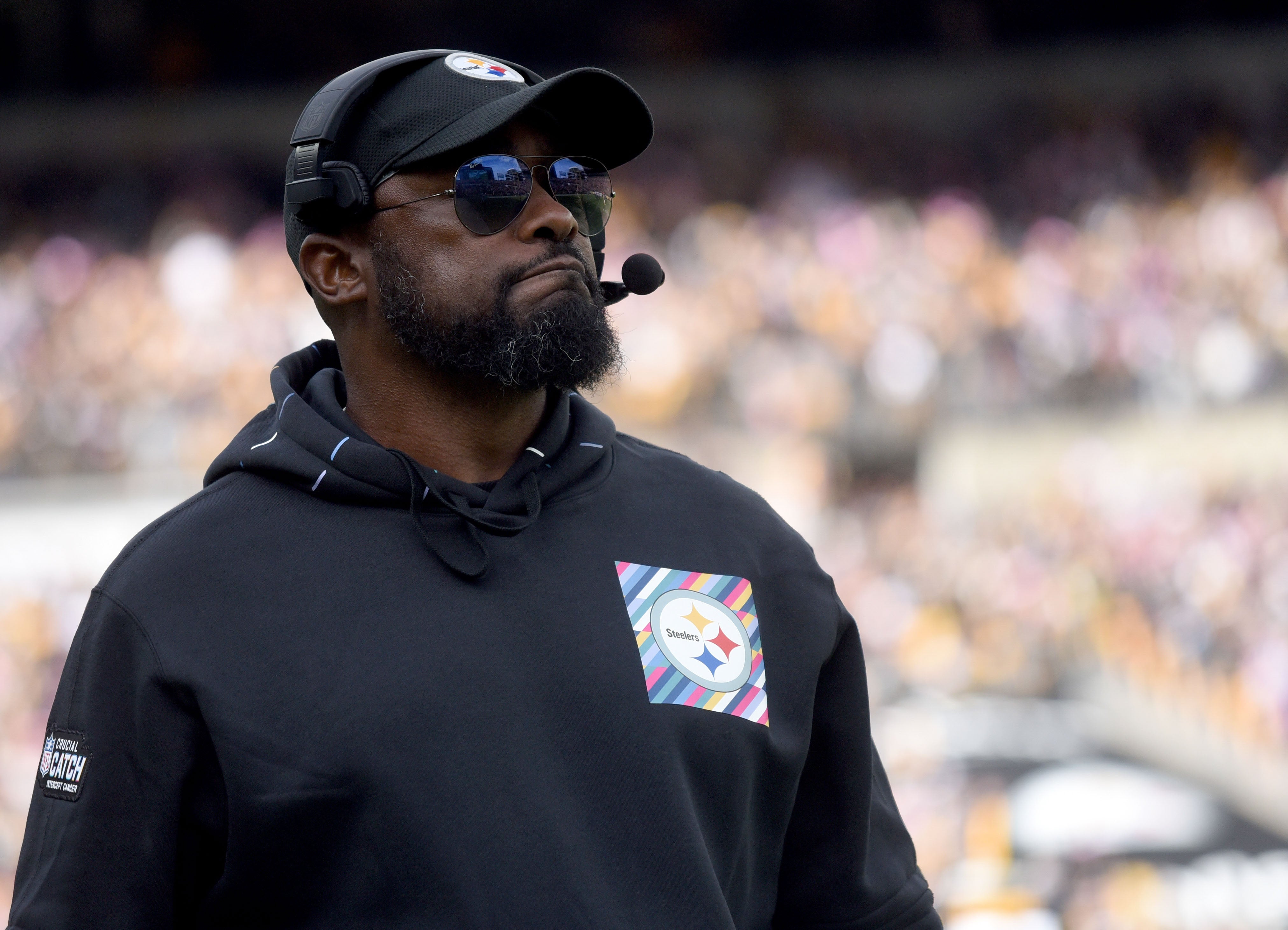Oct 8, 2023; Pittsburgh, Pennsylvania, USA; Pittsburgh Steelers head coach Mike Tomlin on the sidelines in a game against the Baltimore Ravens at Acrisure Stadium. Mandatory Credit: Philip G. Pavely-USA TODAY Sports