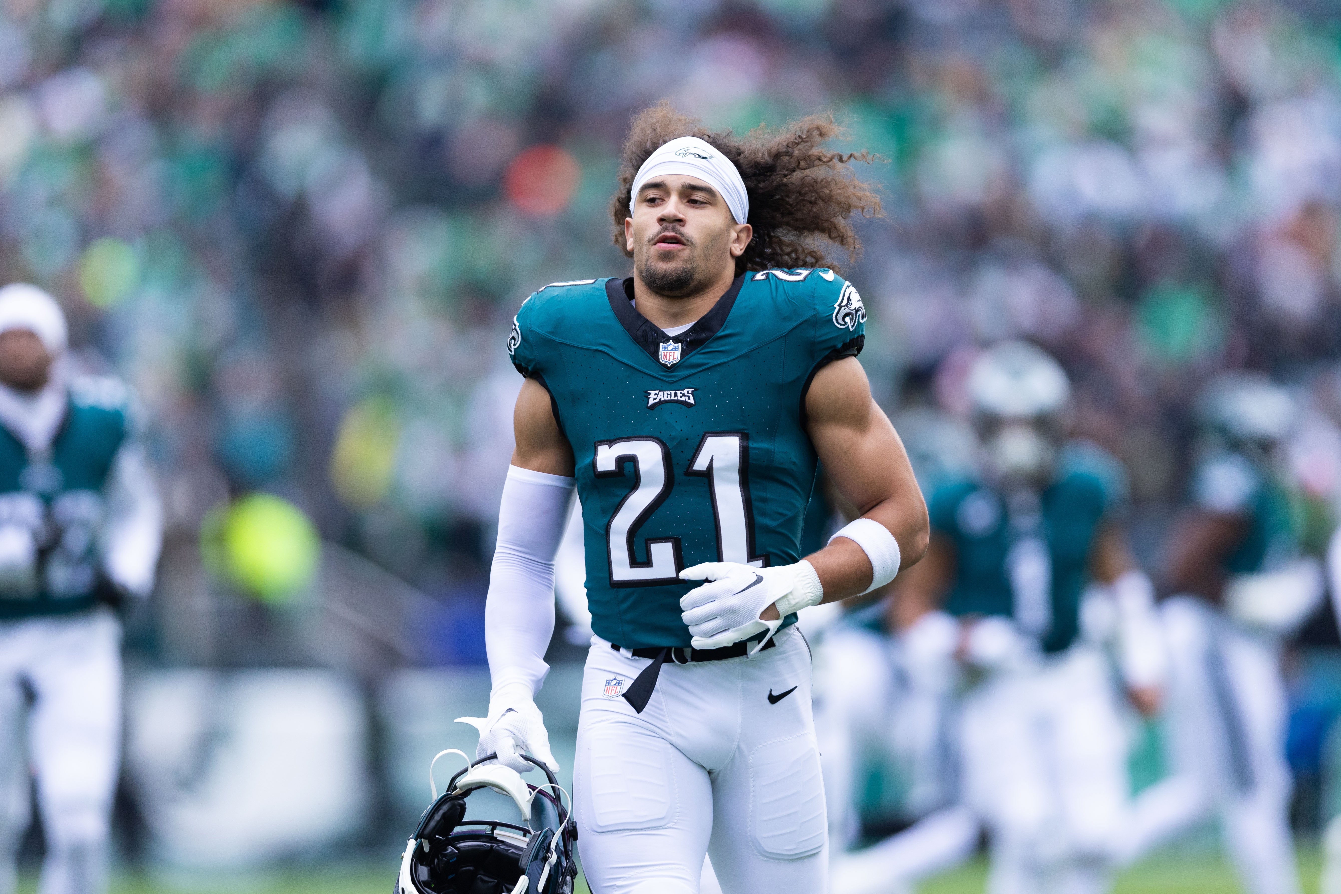 Philadelphia Eagles safety Sydney Brown (21) before action against the Arizona Cardinals at Lincoln Financial Field.