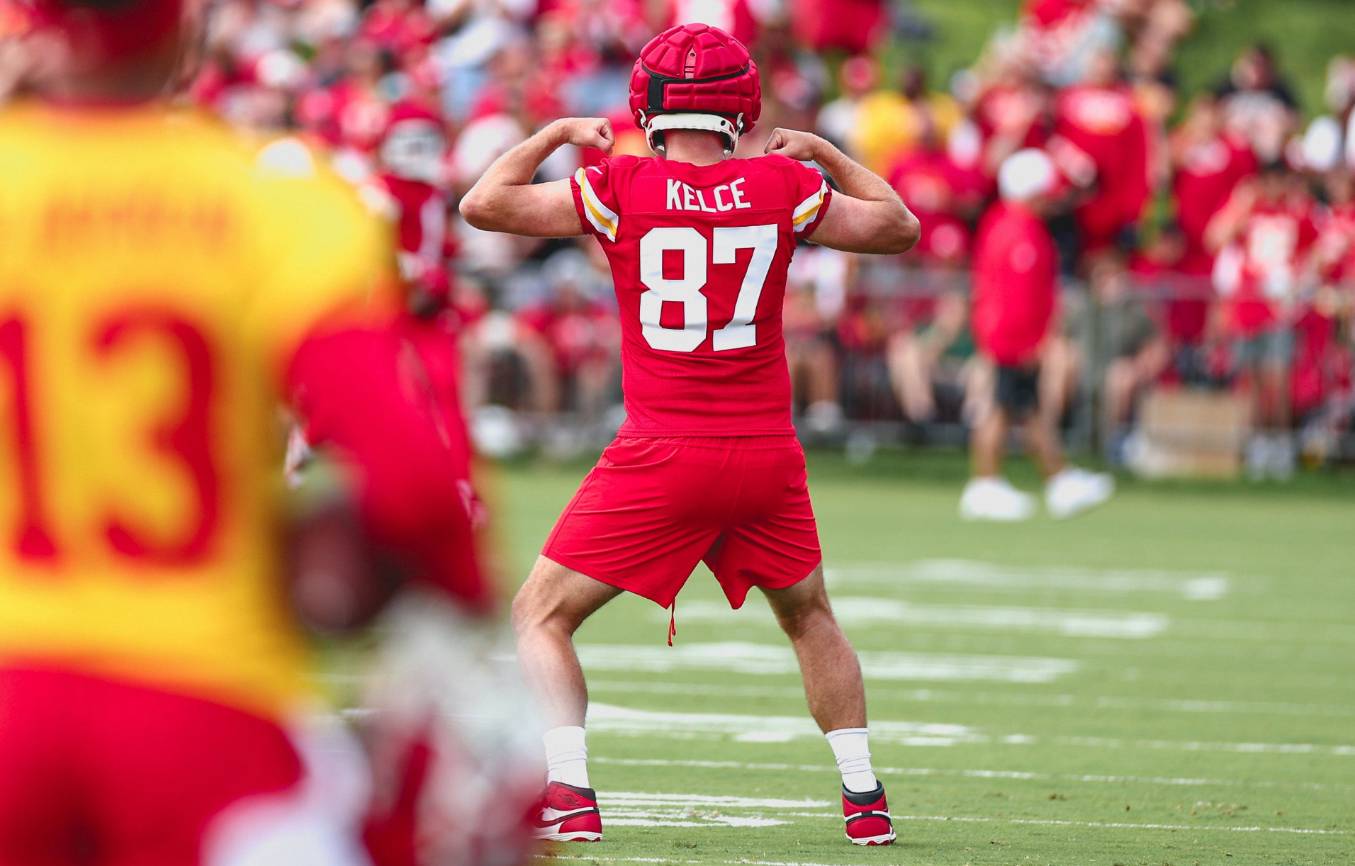 Travis Kelce during Kansas City Chiefs training camp on Sunday, July 21, 2024.