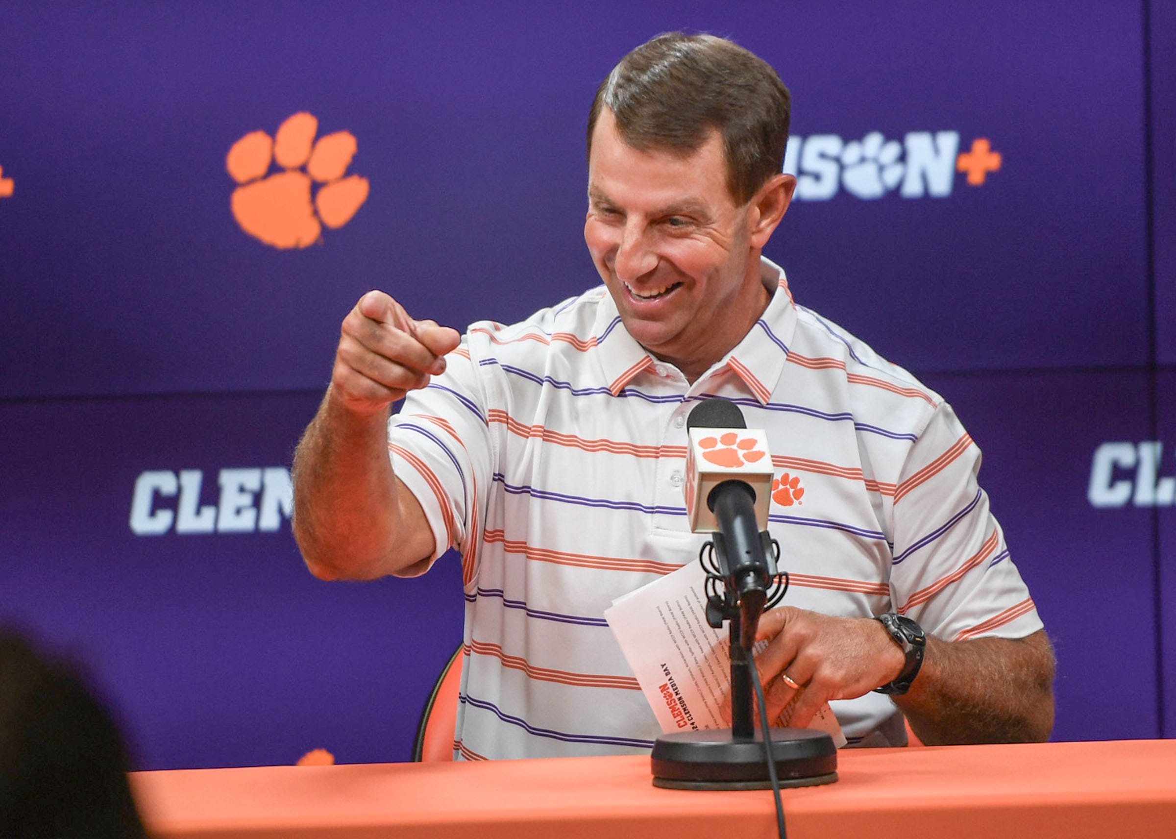 Clemson head coach Dabo Swinney talks during the Clemson football Media Outing & Open House at the Allen N. Reeves Football Complex in Clemson, S.C. Tuesday, July 16, 2024.