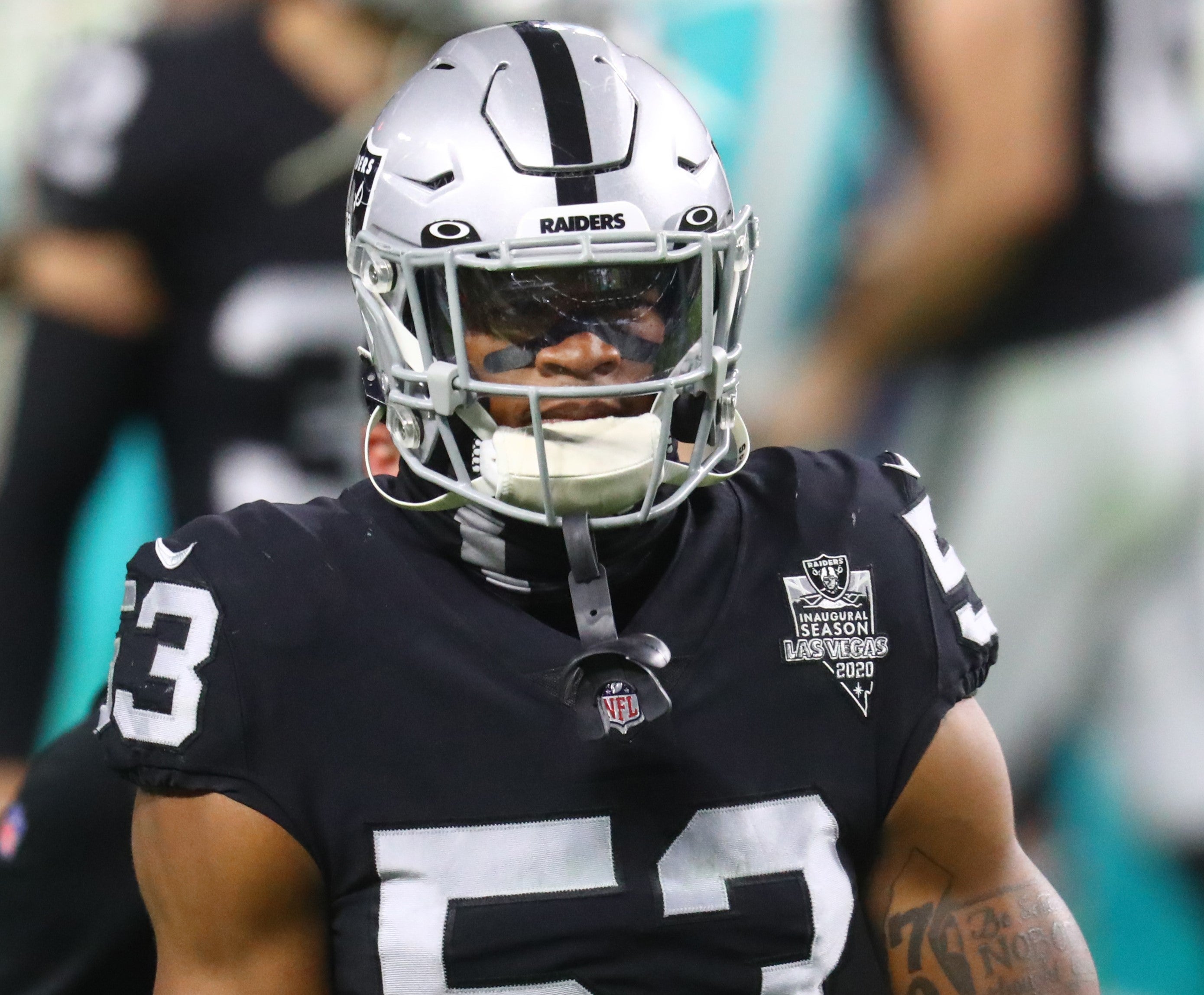 Dec 26, 2020; Paradise, Nevada, USA; Las Vegas Raiders linebacker Javin White (53) against the Miami Dolphins at Allegiant Stadium.