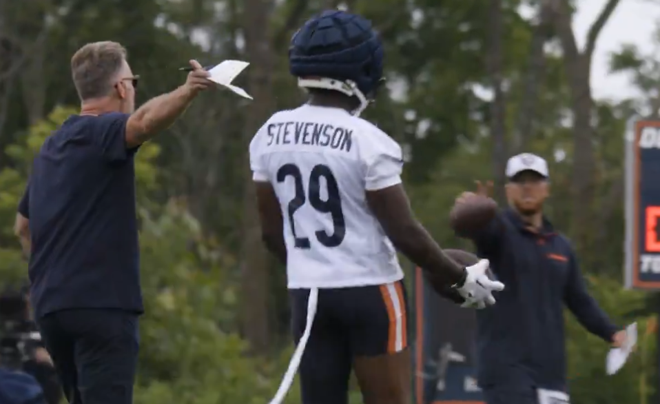 Tyrique Stevenson celebrates after making an interception during Sunday's training camp practice.