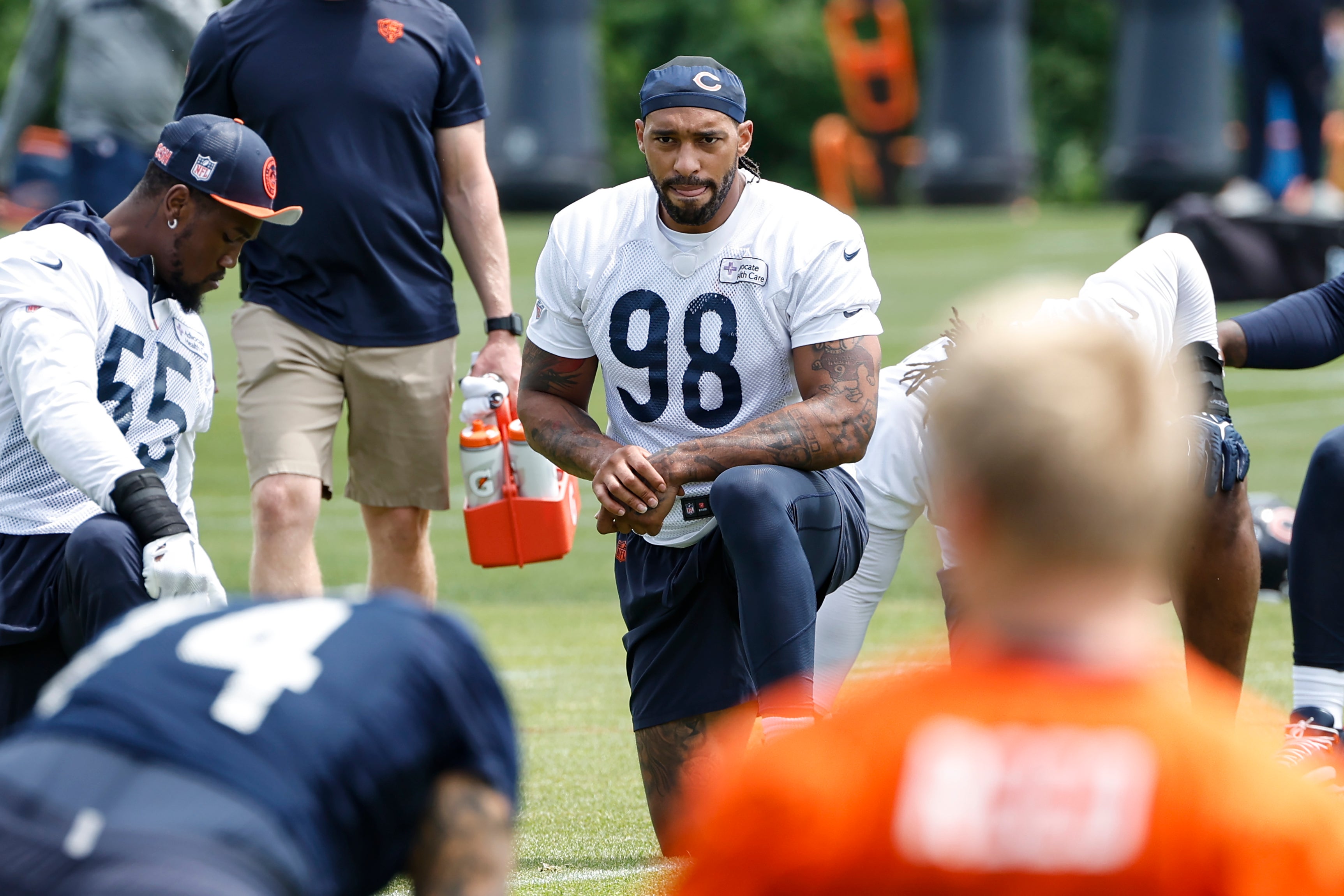 Jun 5, 2024; Lake Forest, IL, USA; Chicago Bears defensive end Montez Sweat (98) looks on during the team's minicamp at Halas Hall.