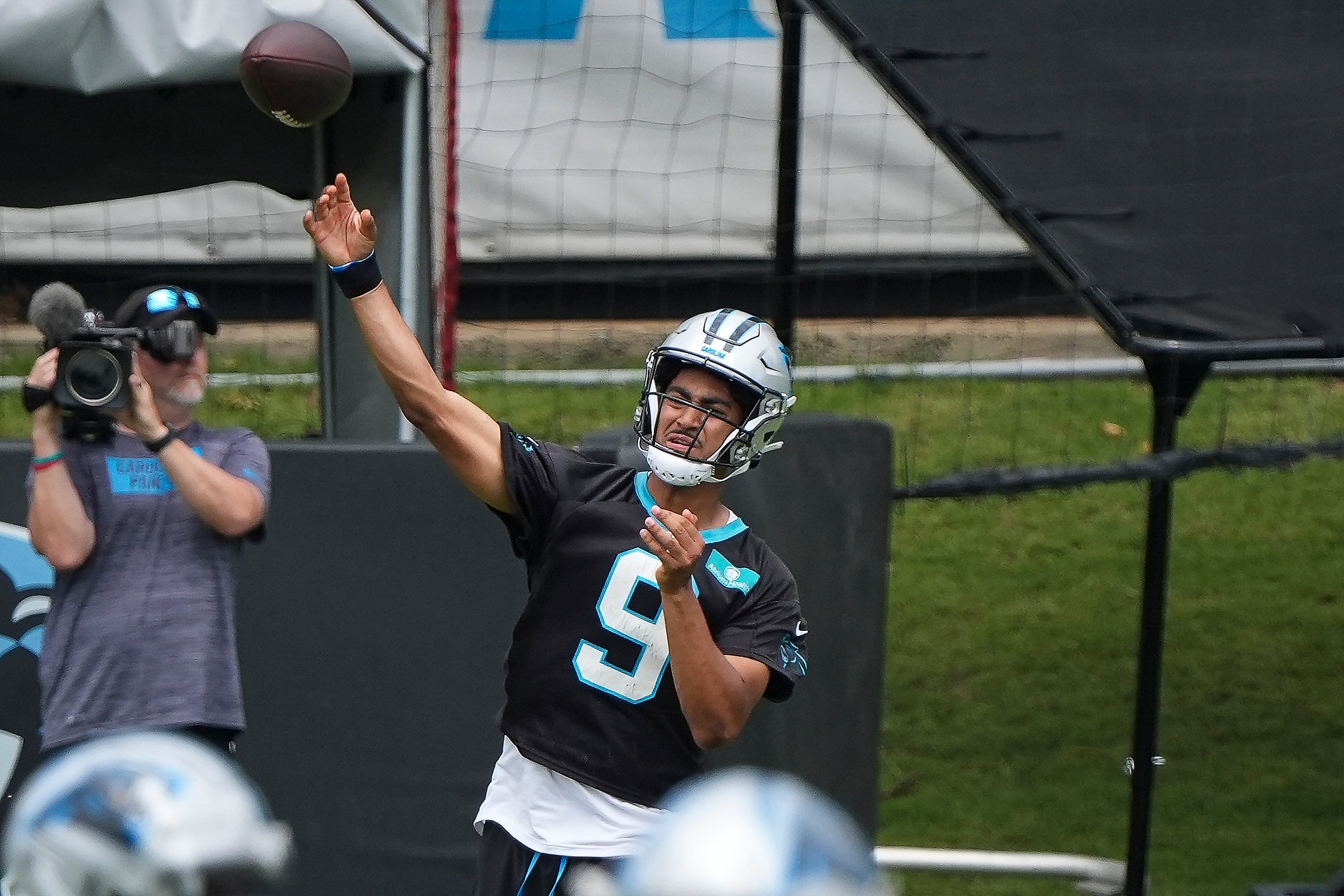 Jun 4, 2024; Charlotte, NC, USA; Carolina Panthers quarterback Bryce Young (9) throws during OTAs. Mandatory Credit: Jim Dedmon-USA TODAY Sports