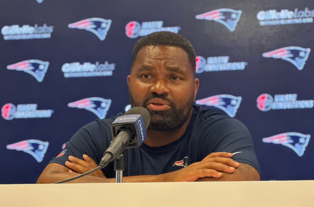 Jerod Mayo speaks with the media prior to the start of training camp on Tuesday, July 23, 2024.