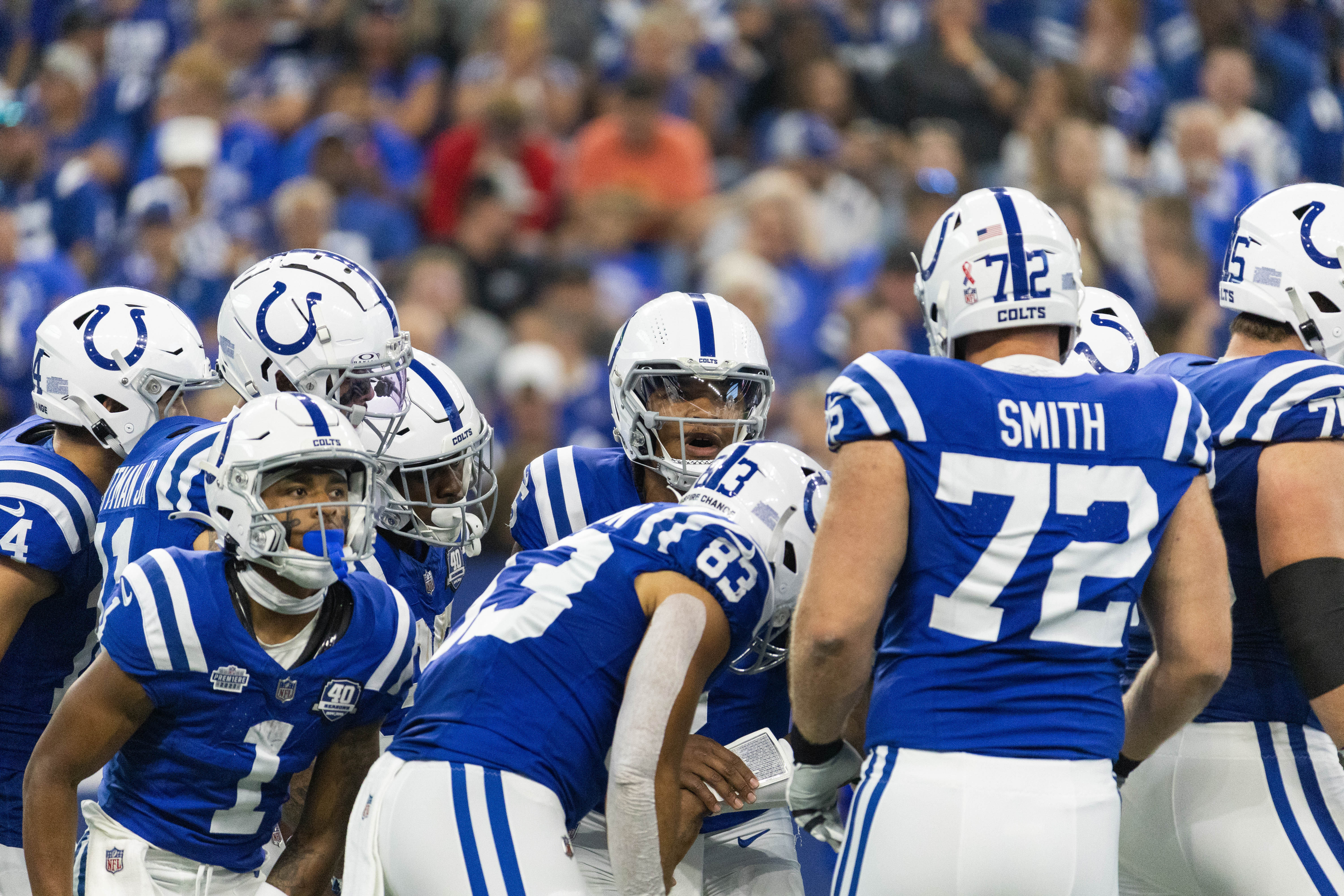 Sep 10, 2023; Indianapolis, Indiana, USA; Indianapolis Colts quarterback Anthony Richardson (5) in the huddle in the first quarter against the Jacksonville Jaguars at Lucas Oil Stadium.