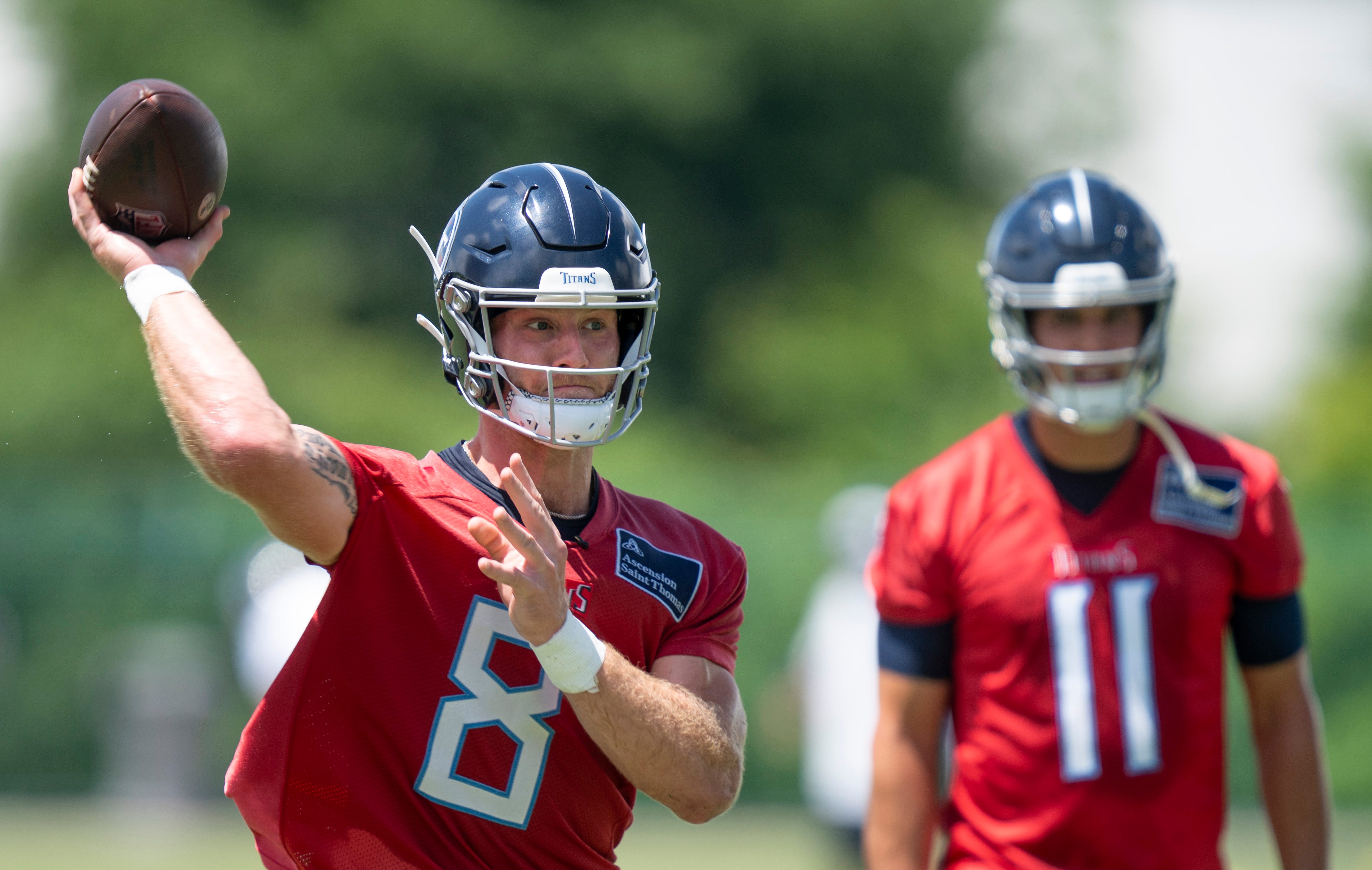 Quarterback Will Levis (8) throws during the Tennessee Titans mandatory mini-camp at Ascension Saint Thomas Sports Park in Nashville, Tenn., Thursday, June 6, 2024.