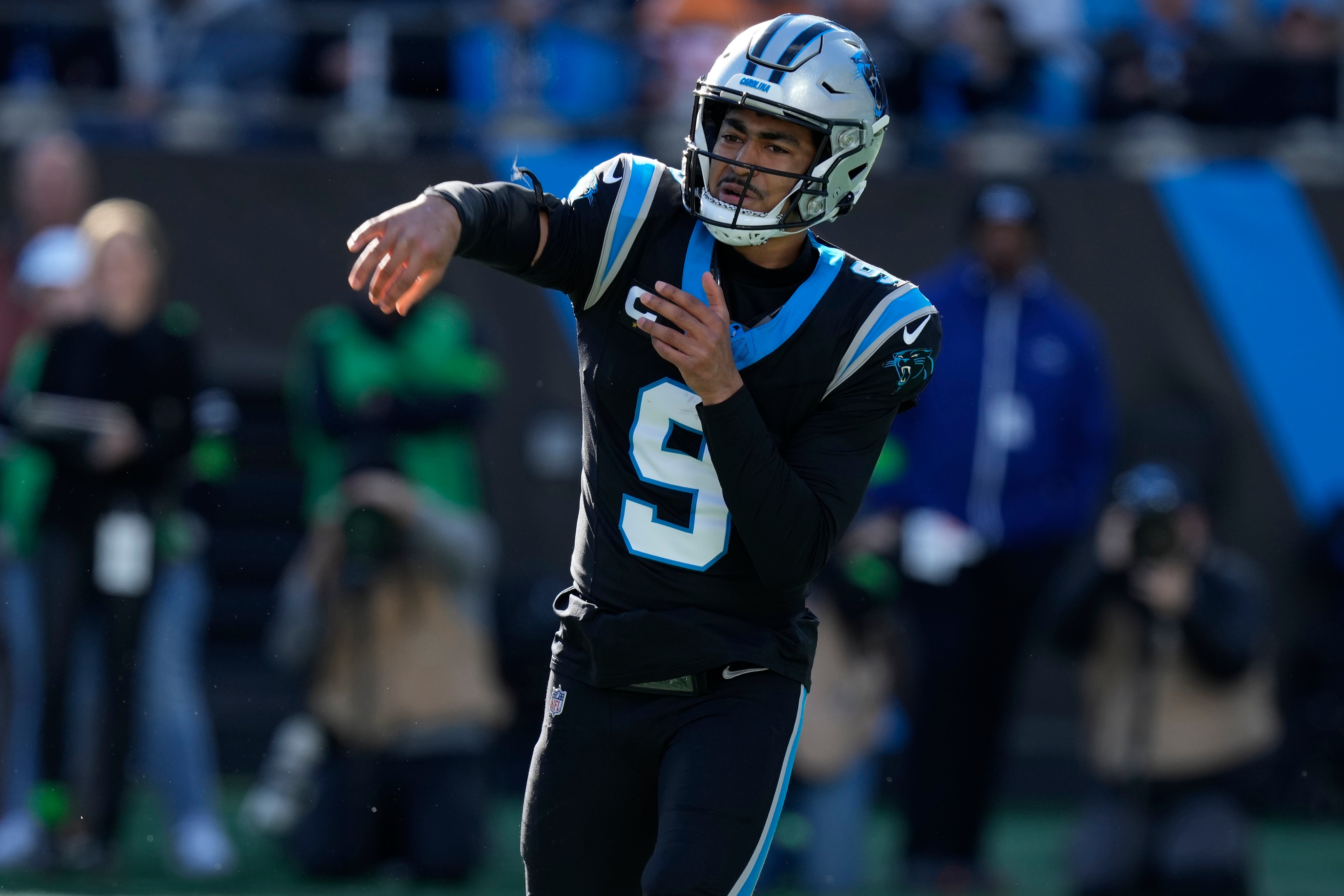 Jan 7, 2024; Charlotte, North Carolina, USA; Carolina Panthers quarterback Bryce Young (9) throws against the Tampa Bay Buccaneers during the second quarter at Bank of America Stadium. Mandatory Credit: Jim Dedmon-USA TODAY Sports