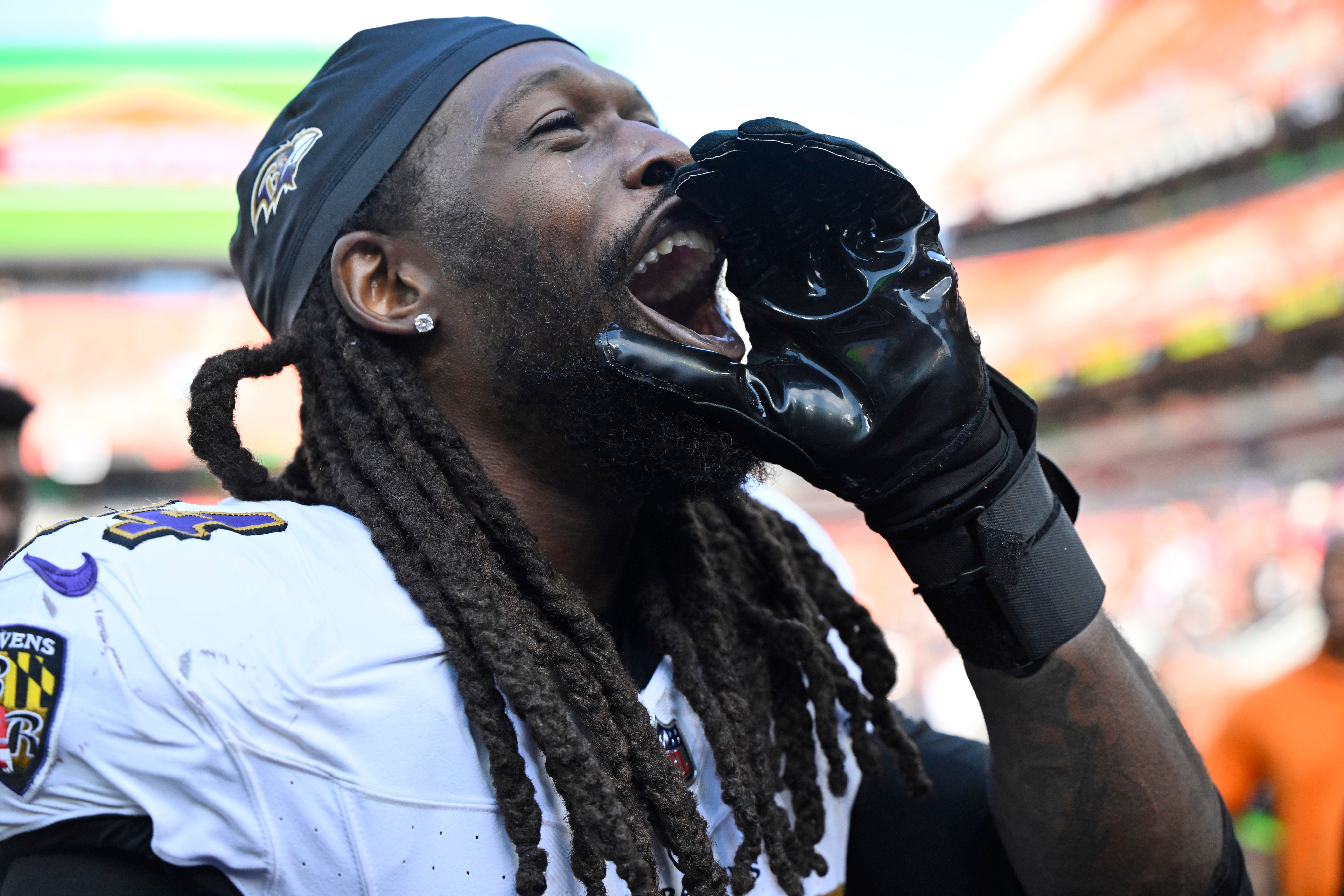 Oct 1, 2023; Cleveland, Ohio, USA; Baltimore Ravens linebacker Jadeveon Clowney (24) celebrates after a win over the Cleveland Browns at Cleveland Browns Stadium. Mandatory Credit: David Richard-USA TODAY Sports