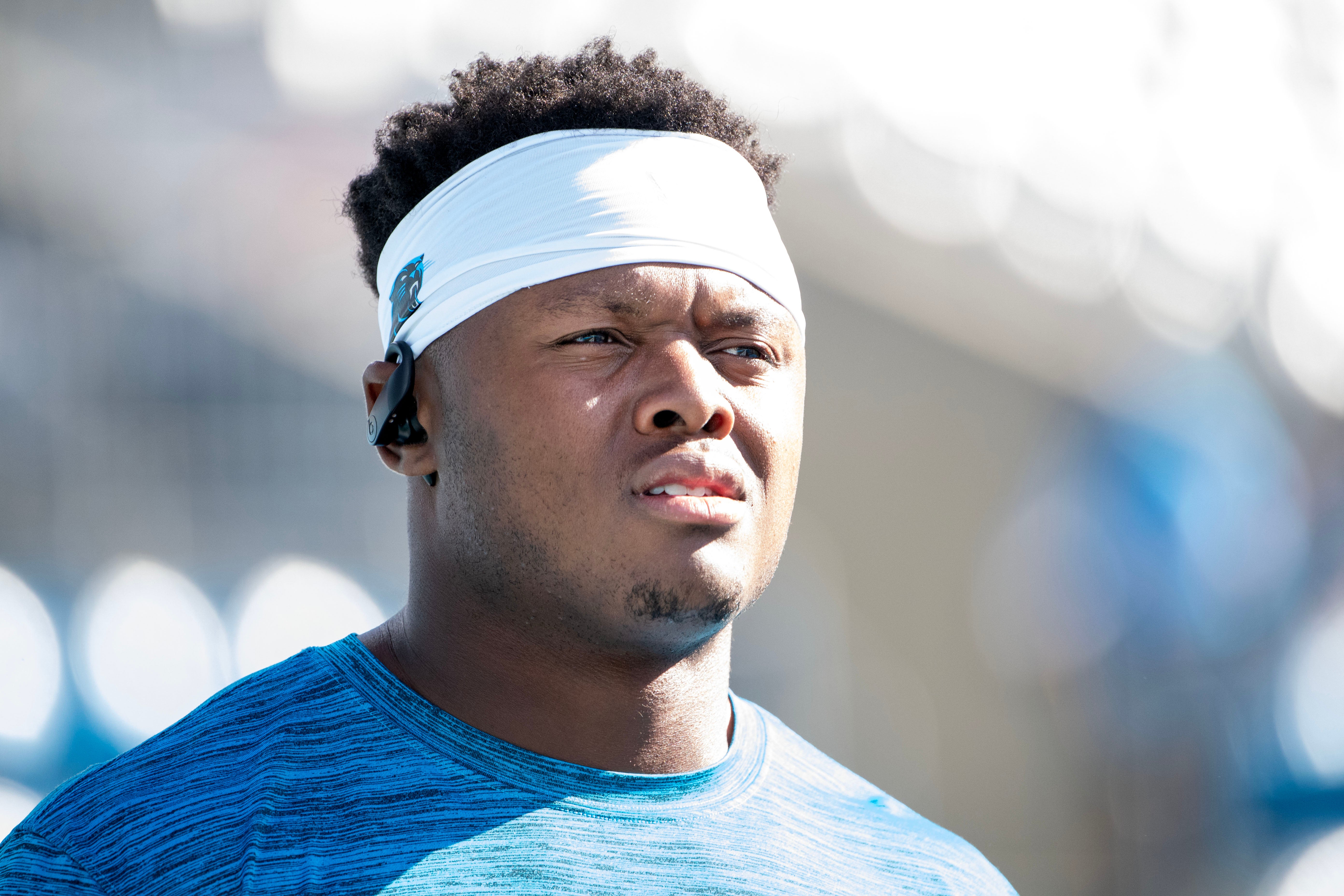 Oct 29, 2023; Charlotte, North Carolina, USA; Carolina Panthers linebacker DJ Johnson (52) during warm ups at Bank of America Stadium. Mandatory Credit: Bob Donnan-USA TODAY Sports